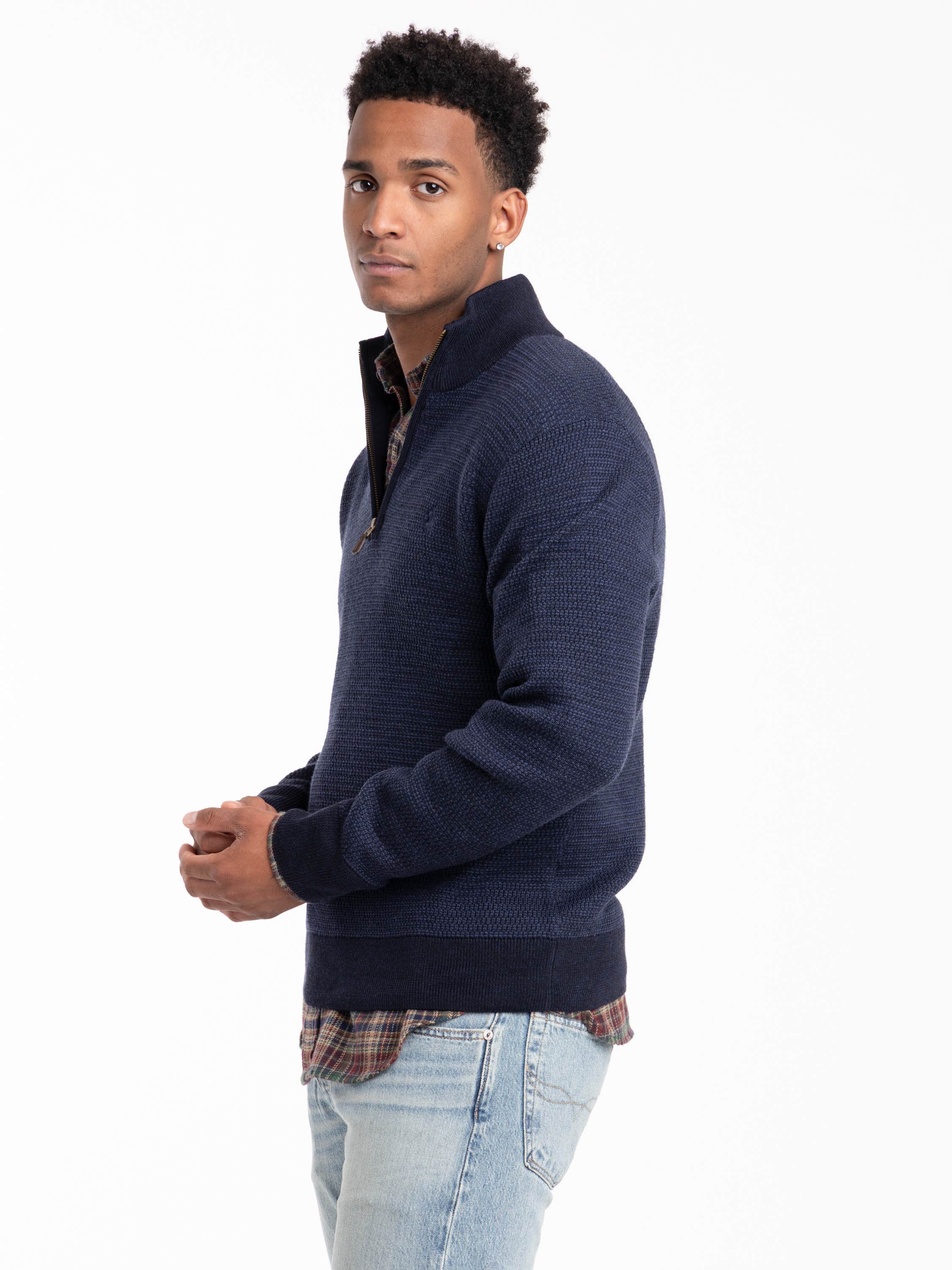 Navy Wool Waffle Knit Quarter-Zip Sweater