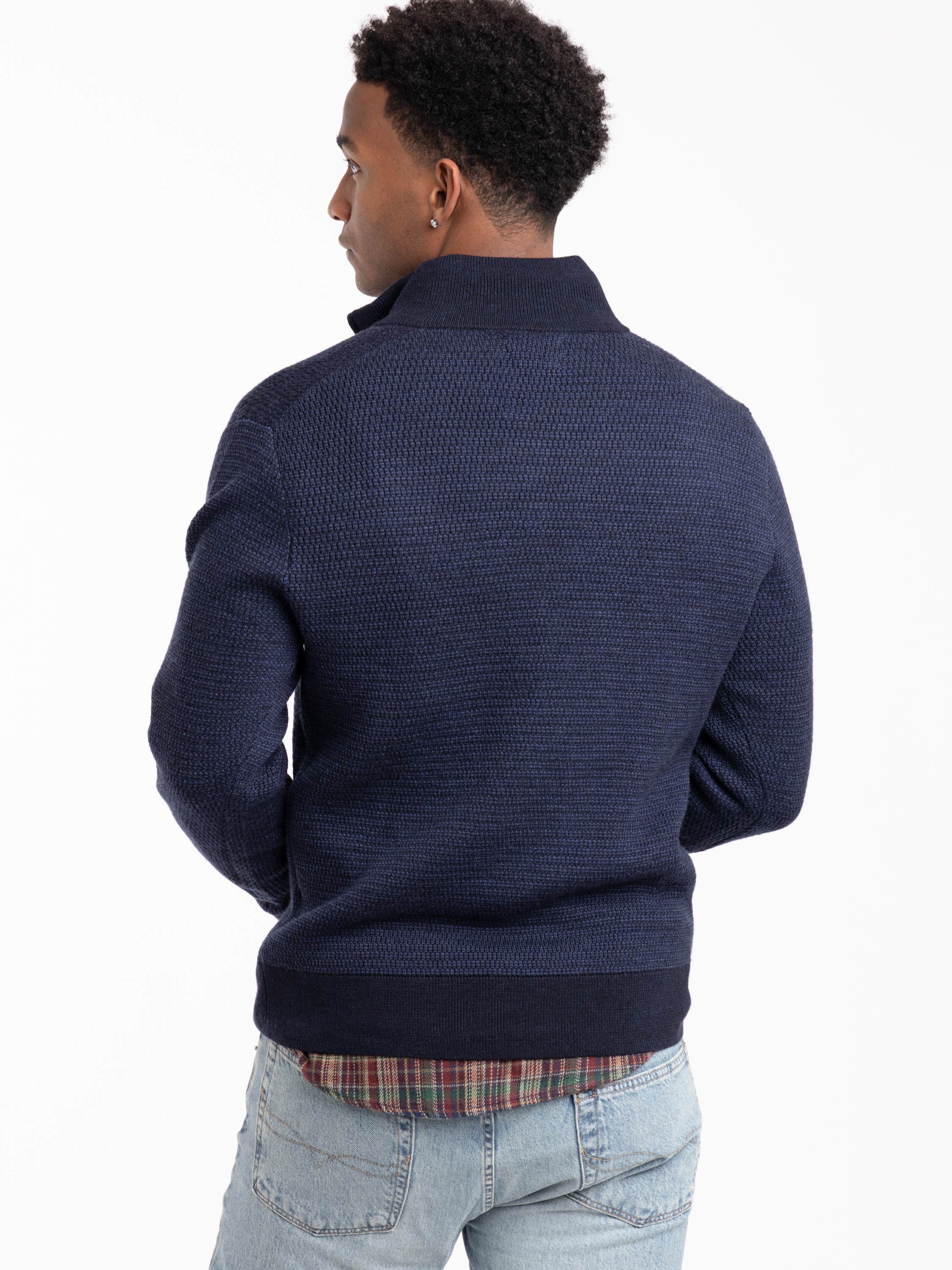 Navy Wool Waffle Knit Quarter-Zip Sweater