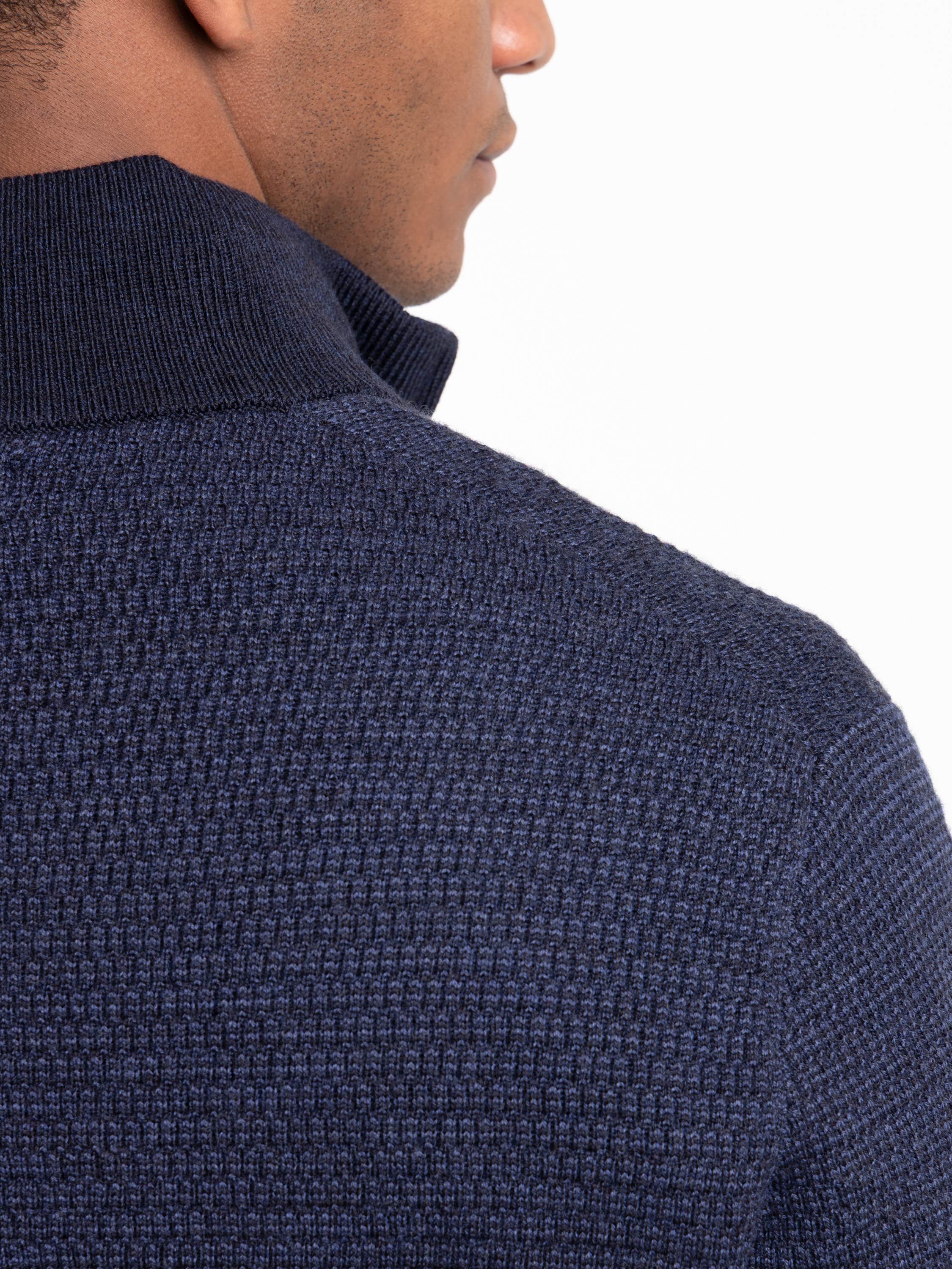 Navy Wool Waffle Knit Quarter-Zip Sweater