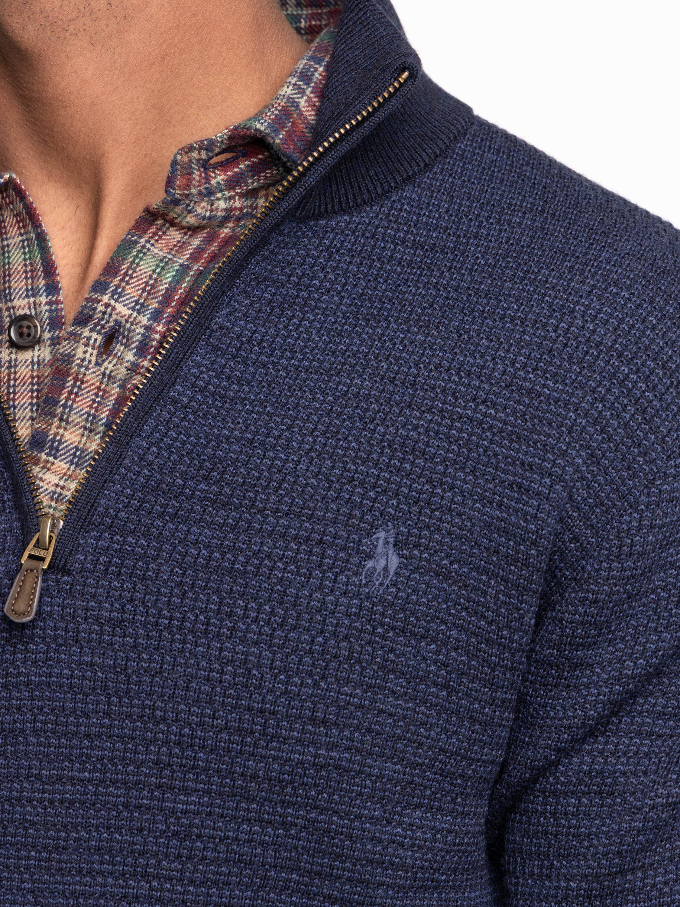 Navy Wool Waffle Knit Quarter-Zip Sweater
