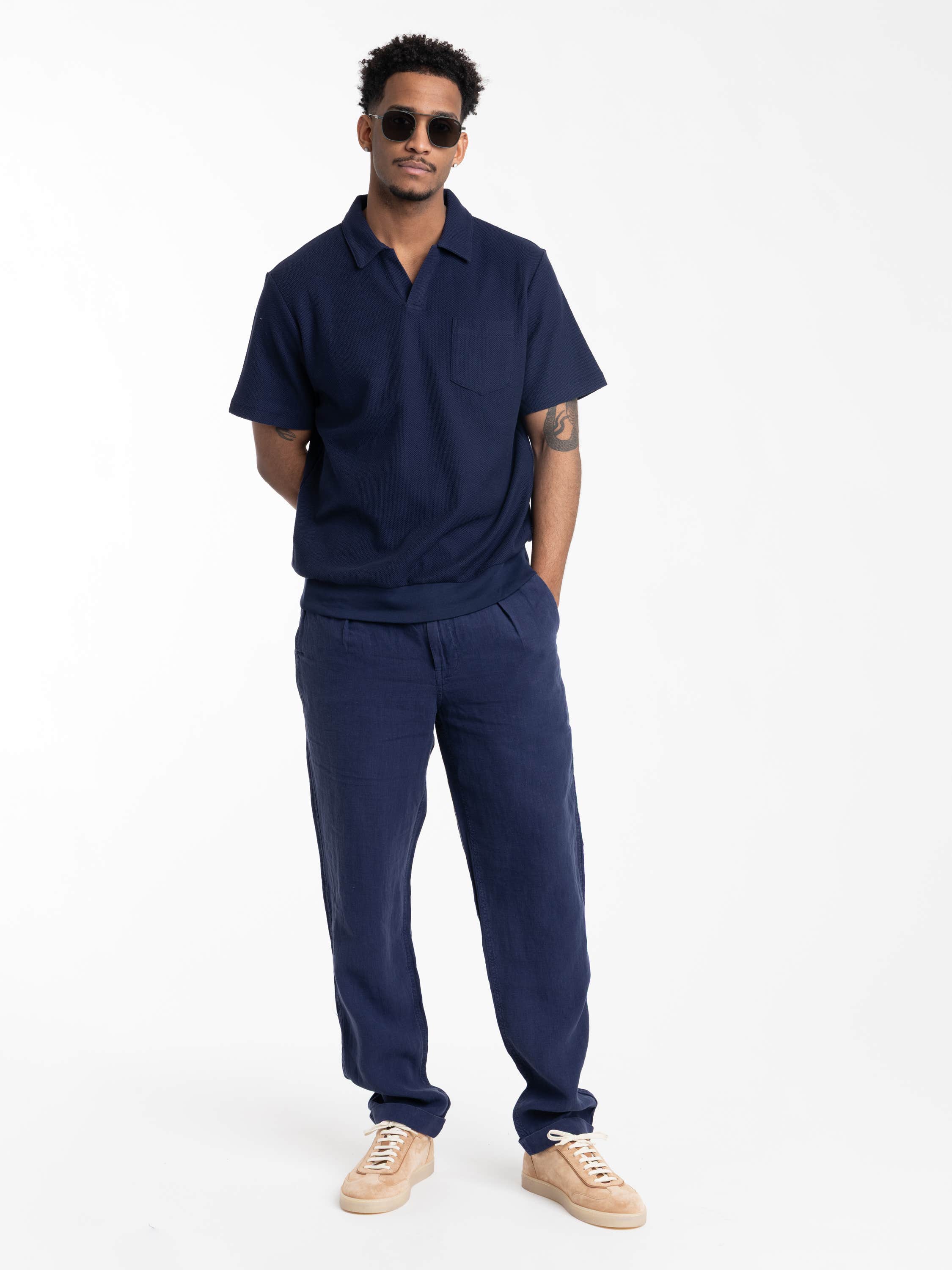 Newport Navy Lateef Slim Tapered Fit Linen Pan