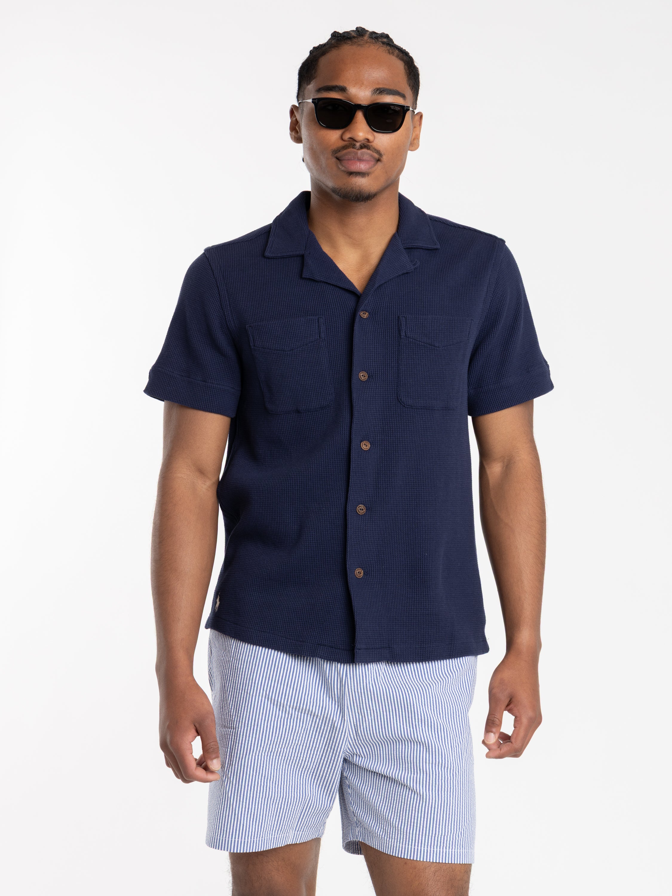 トップス ENOF clack top (NAVY 02) Newport Navy Waffle-Knit Cotton-Linen Camp Shirt – The Helm Clothing