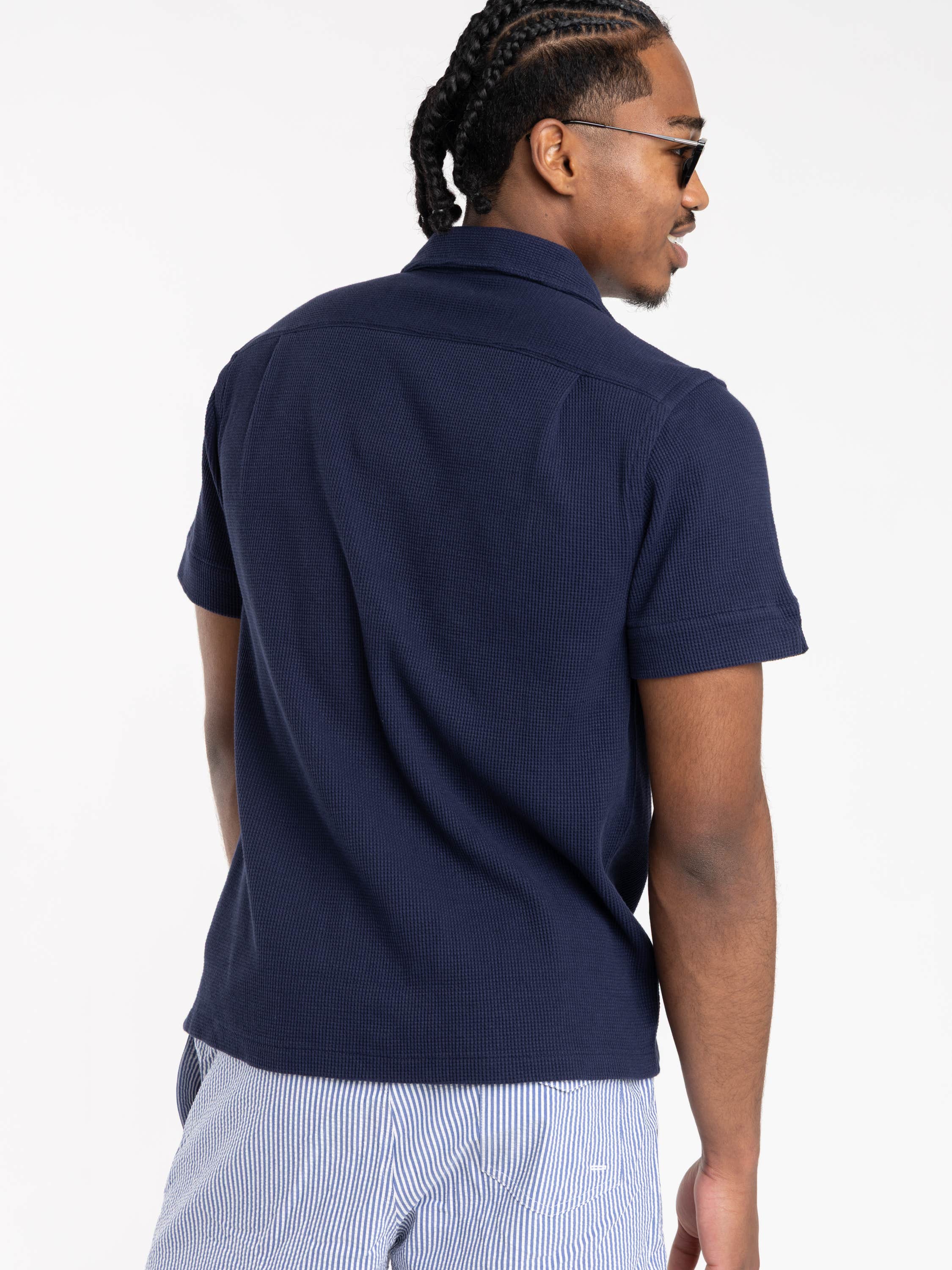 Newport Navy Waffle-Knit Cotton-Linen Camp Shirt