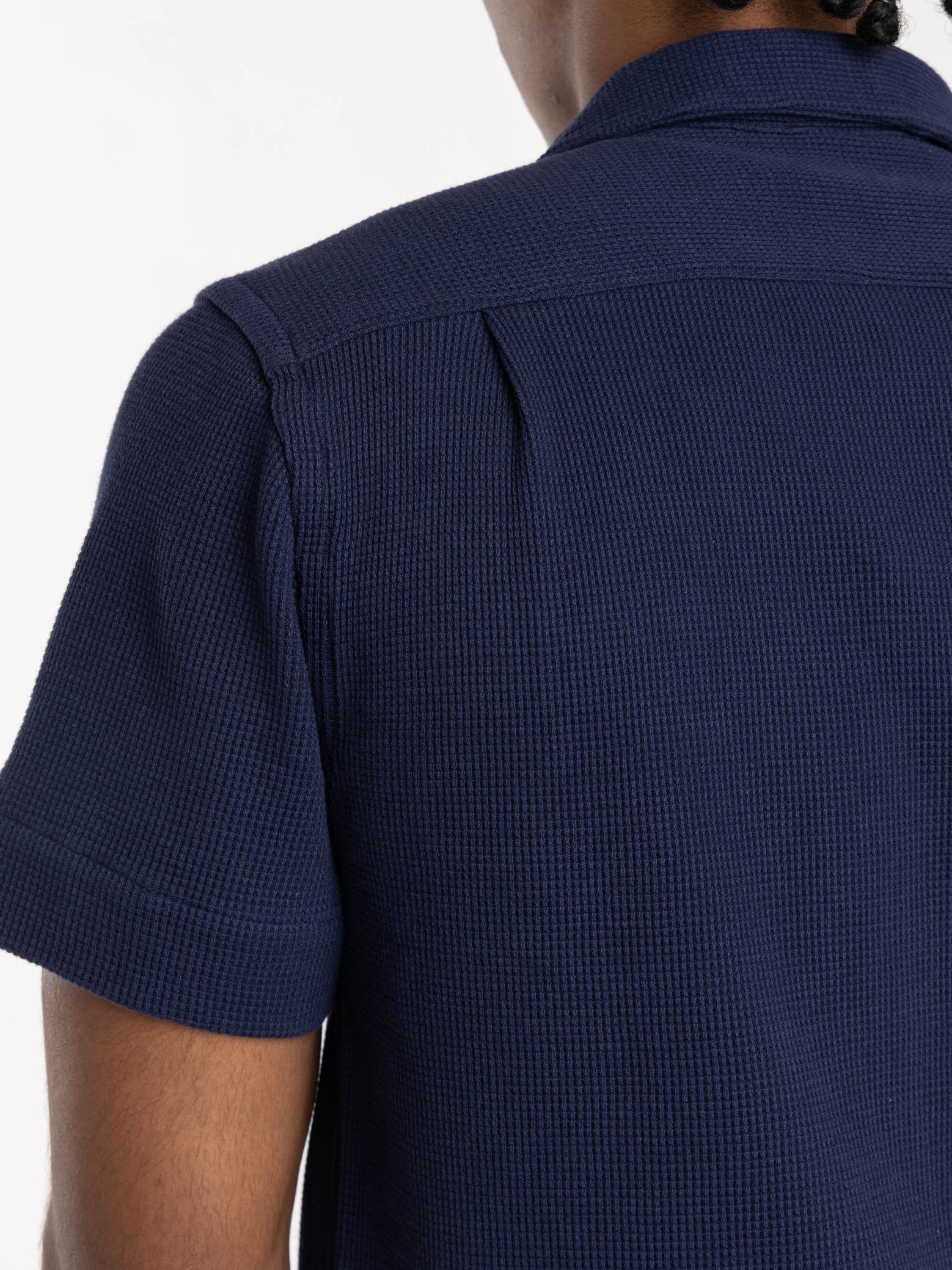 Newport Navy Waffle-Knit Cotton-Linen Camp Shirt