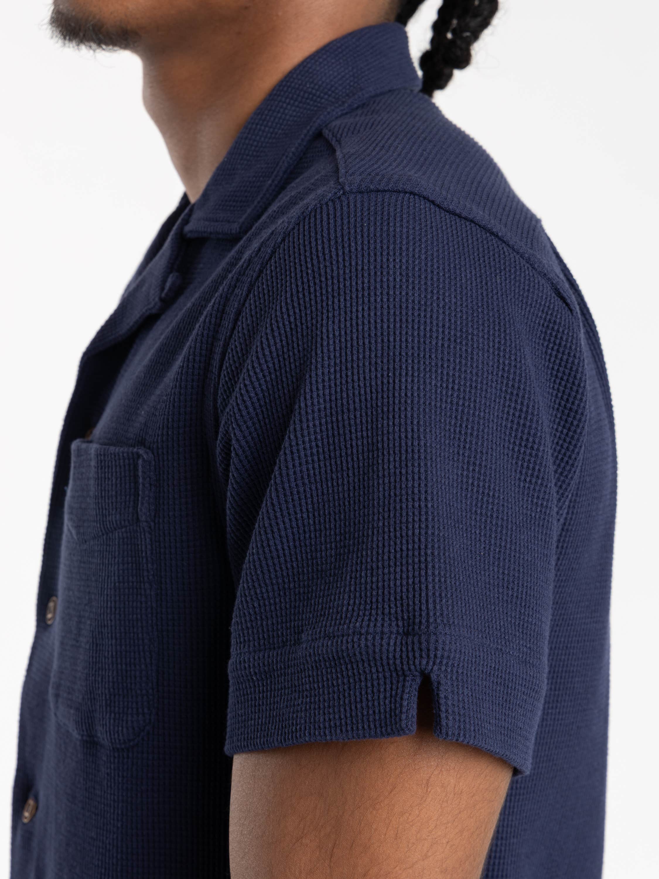 Newport Navy Waffle-Knit Cotton-Linen Camp Shirt