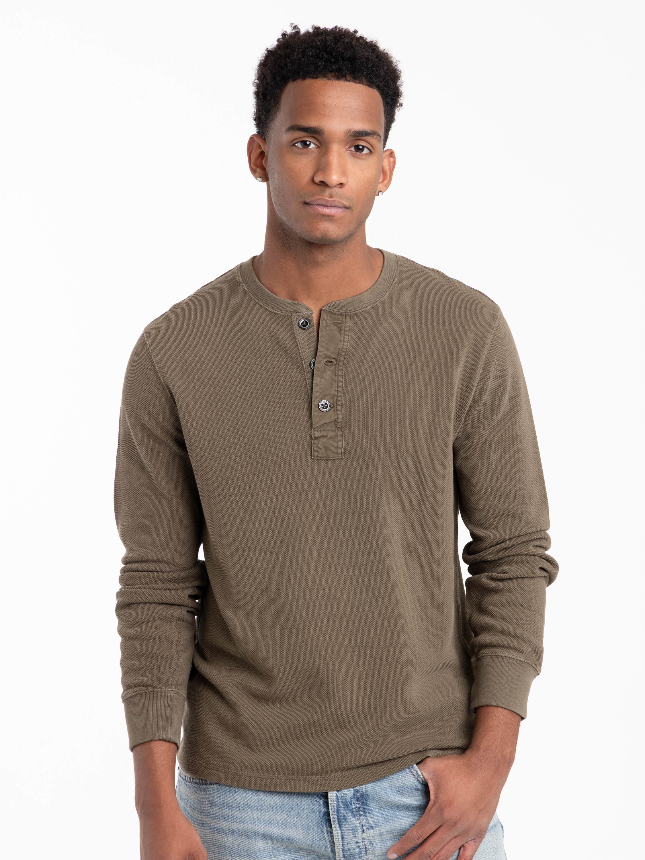 Olive Mesh Henley Shirt
