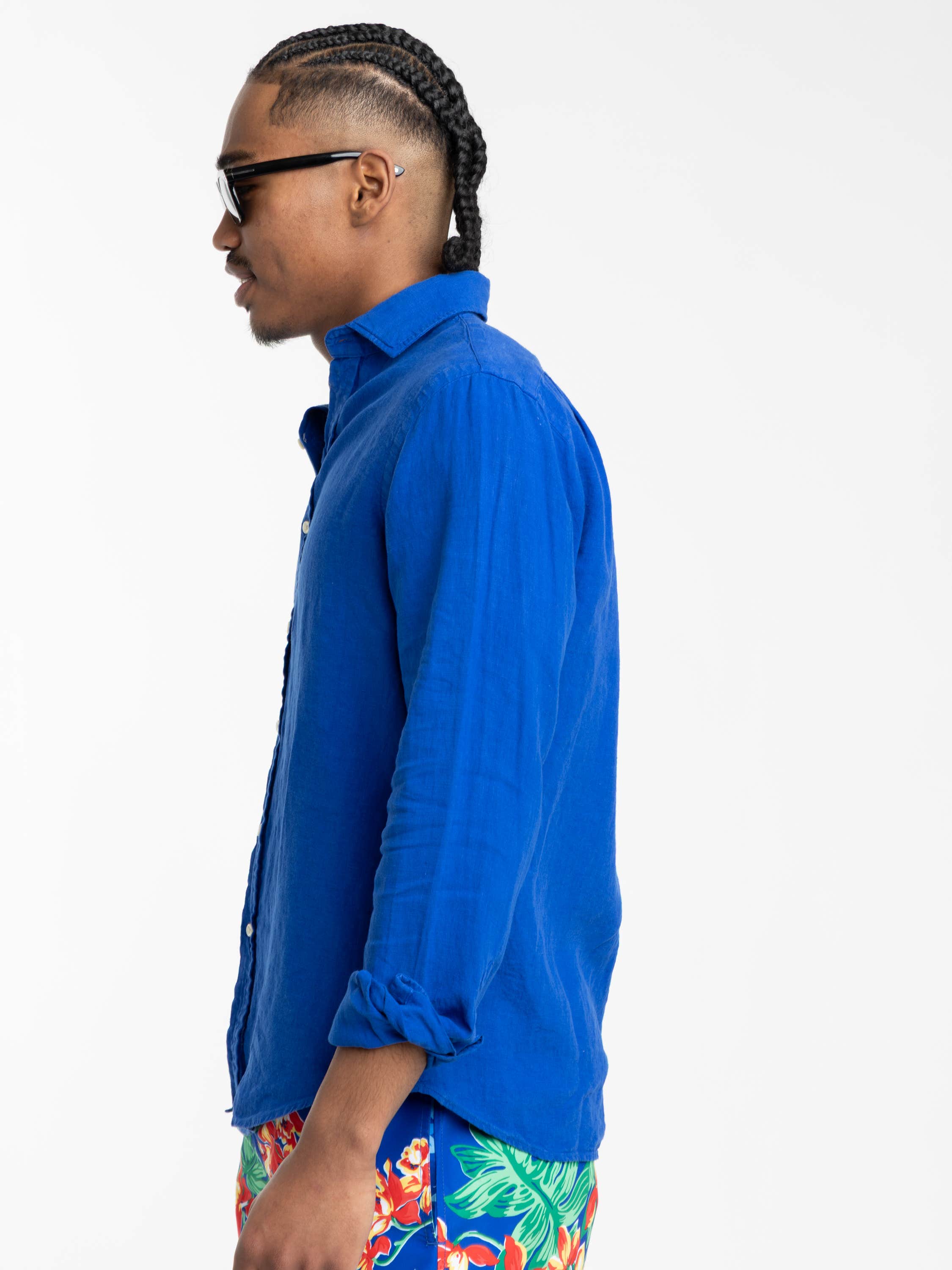 Pacific Royal Blue Classic Fit Slub Linen Shirt