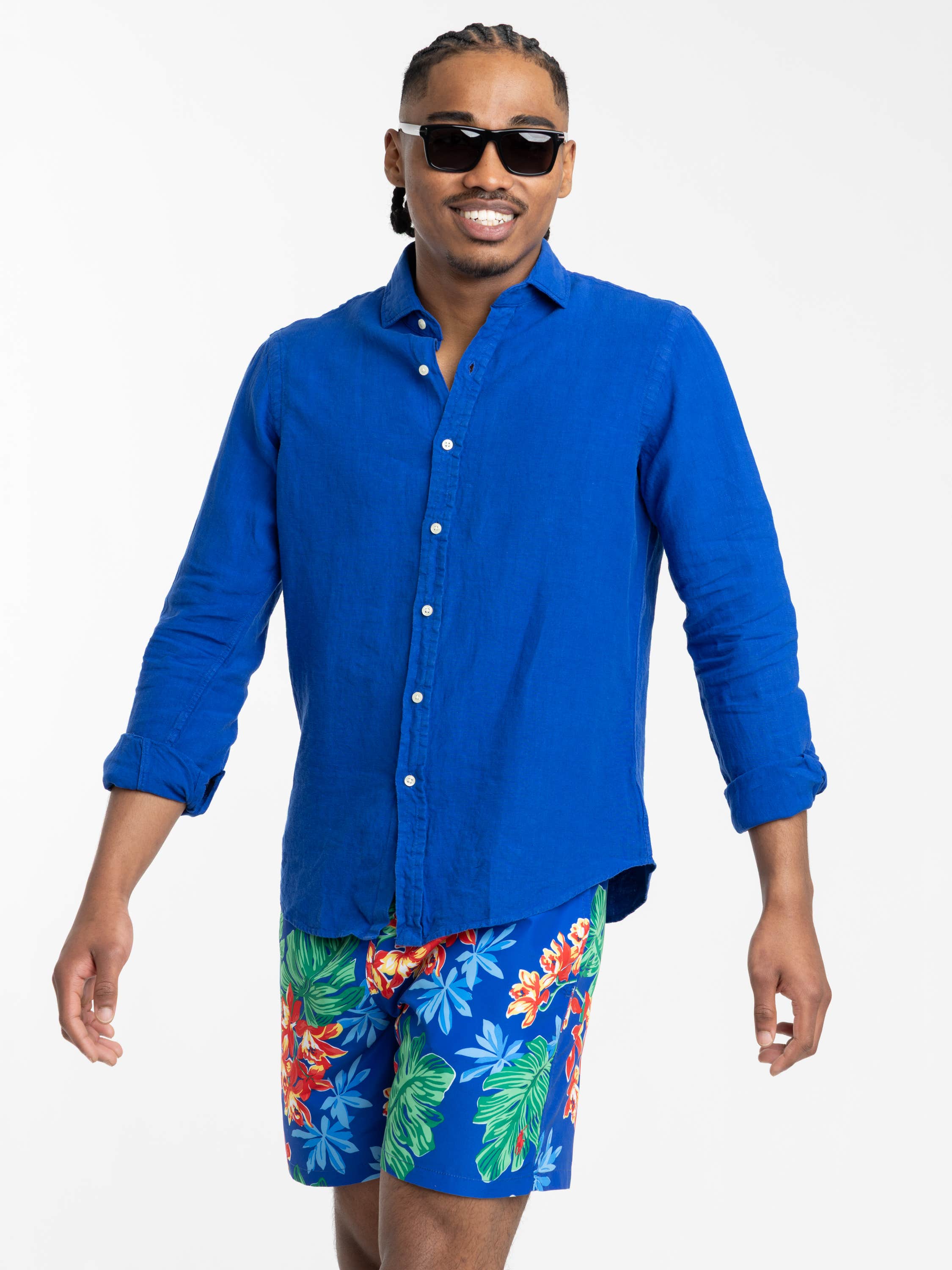 Pacific Royal Blue Classic Fit Slub Linen Shirt