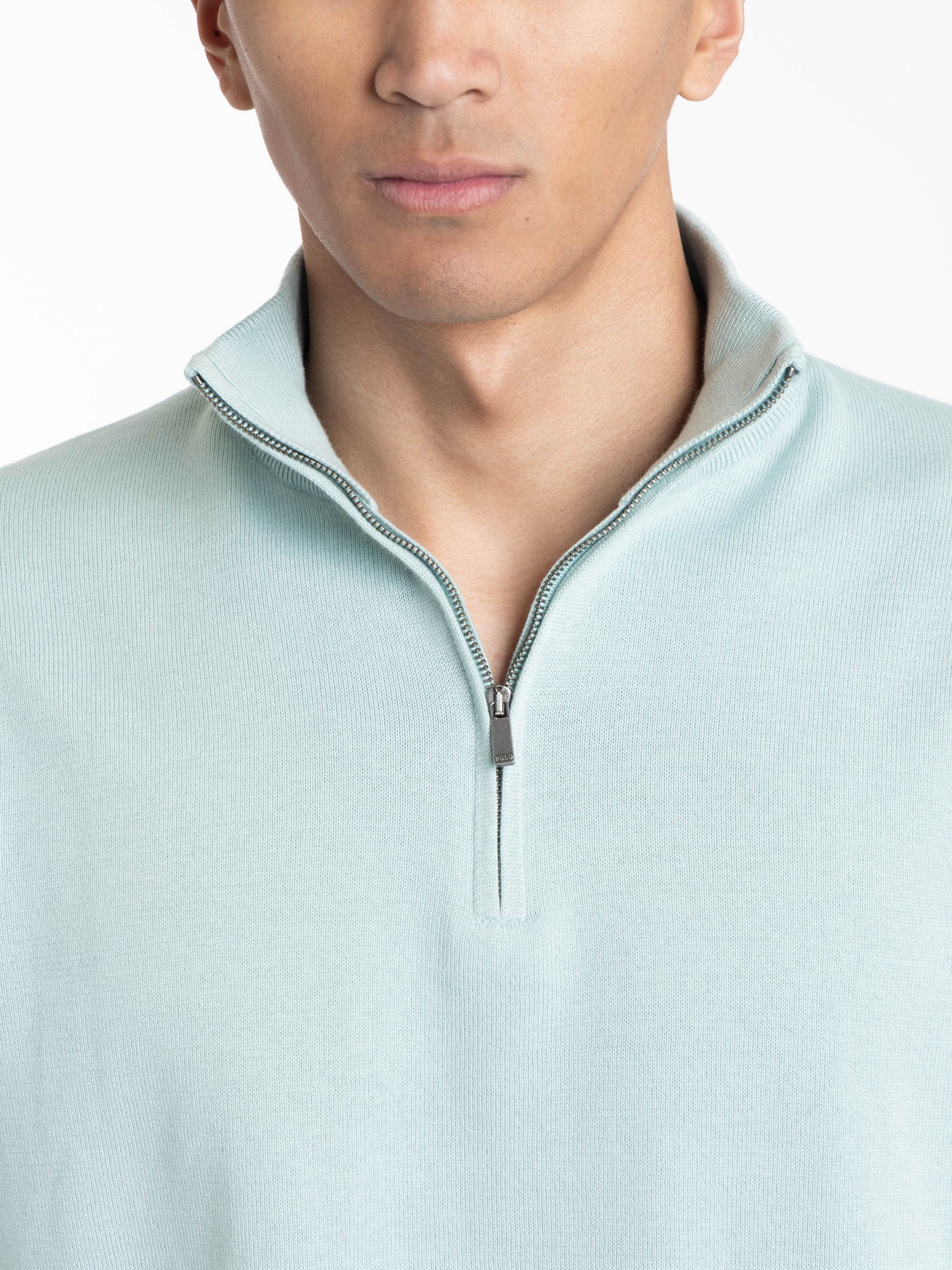 Pale Blue Cotton Quarter-Zip Mockneck Sweater