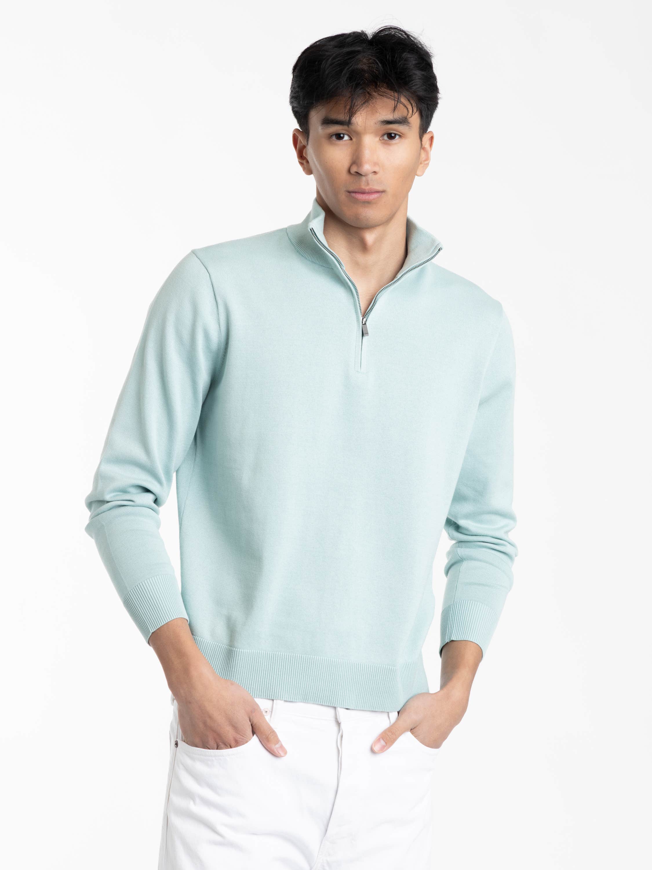 Pale Blue Cotton Quarter-Zip Mockneck Sweater