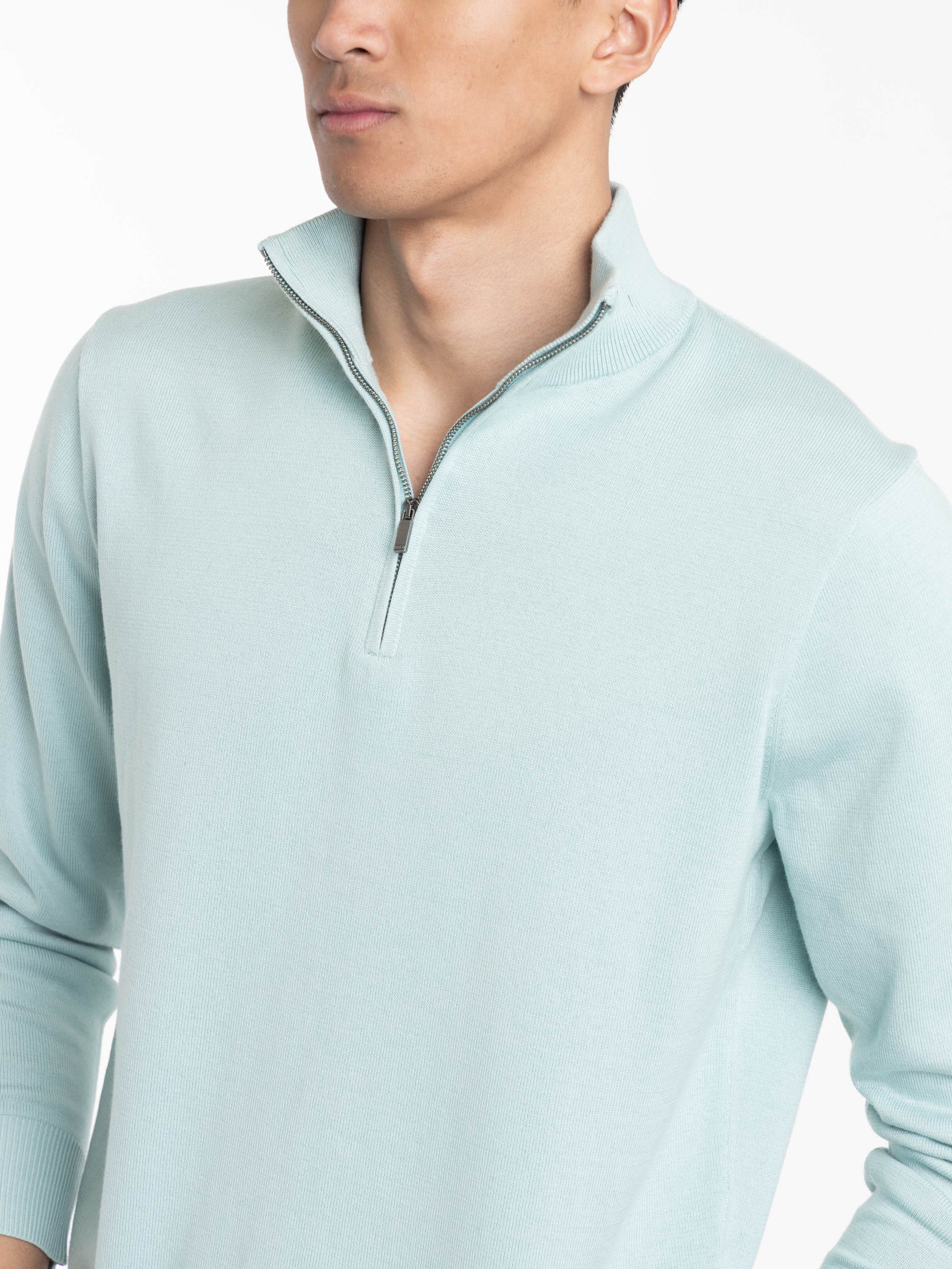 Pale Blue Cotton Quarter-Zip Mockneck Sweater