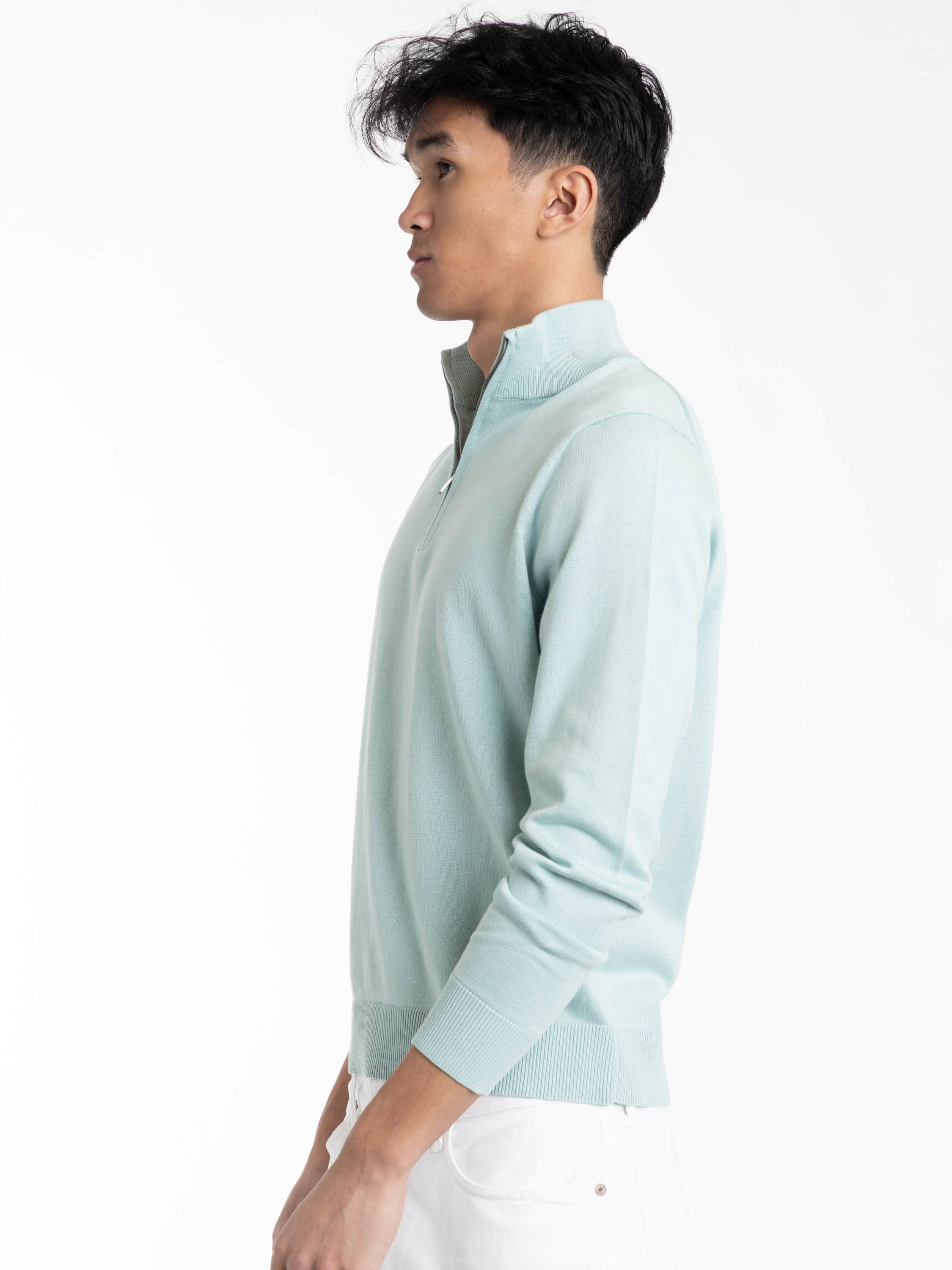 Pale Blue Cotton Quarter-Zip Mockneck Sweater