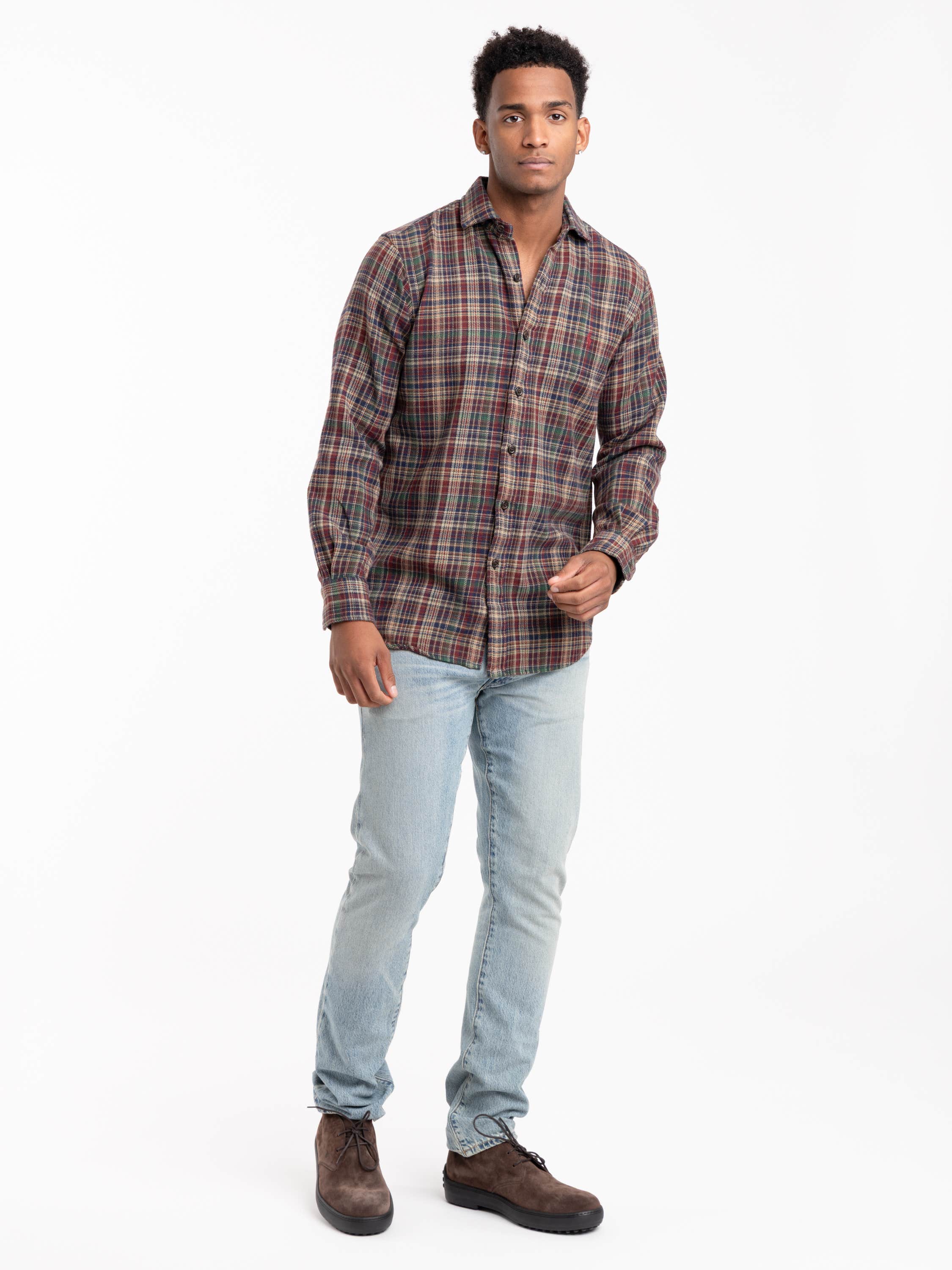 Red Classic Fit Plaid Brushed Flannel Shirt