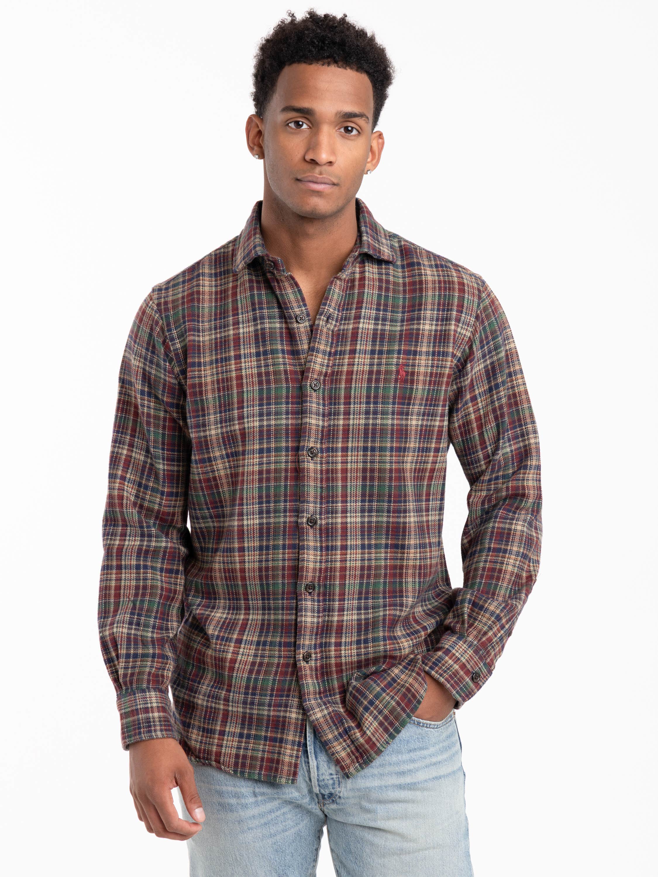 Red Classic Fit Plaid Brushed Flannel Shirt