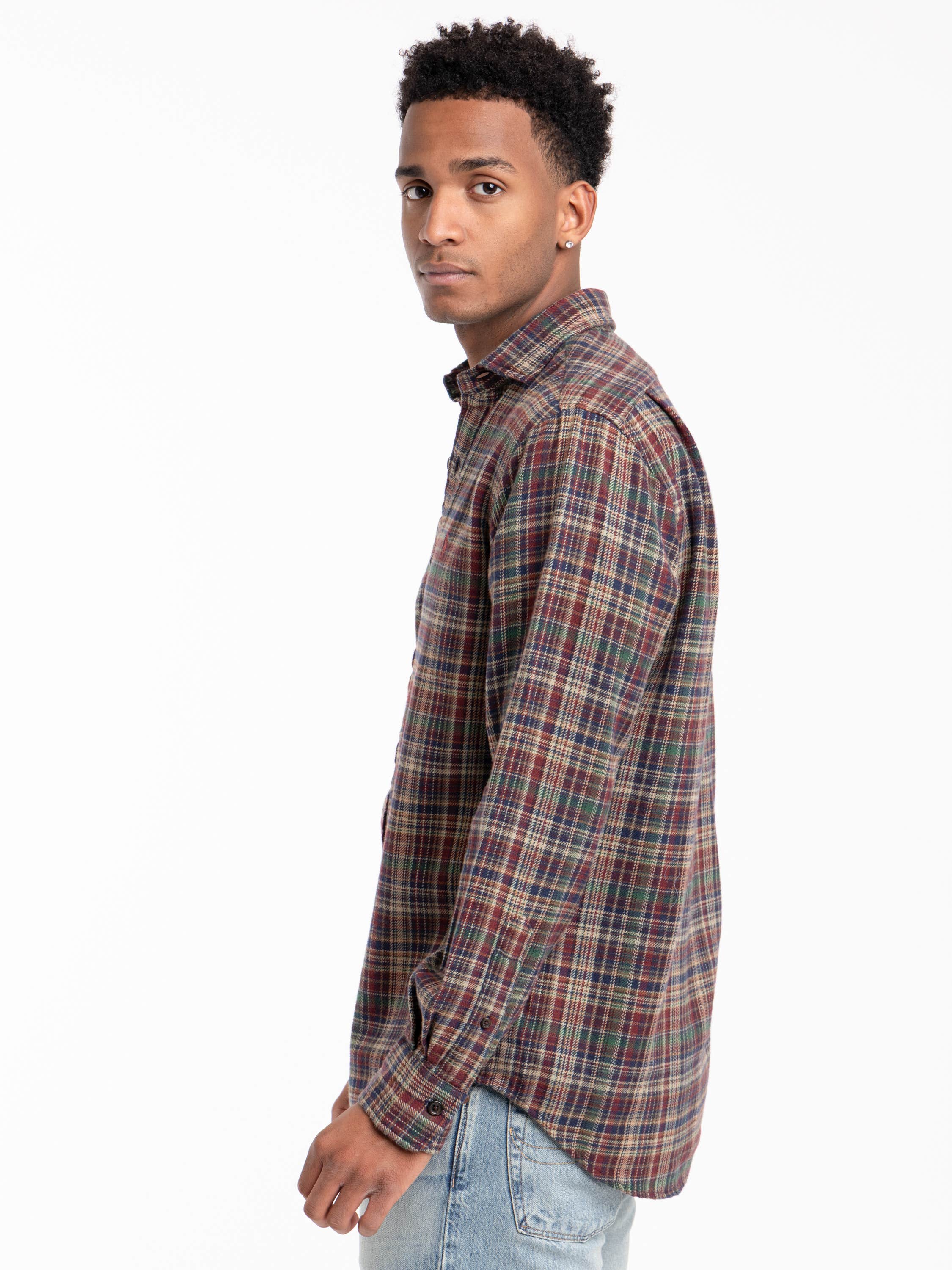Red Classic Fit Plaid Brushed Flannel Shirt