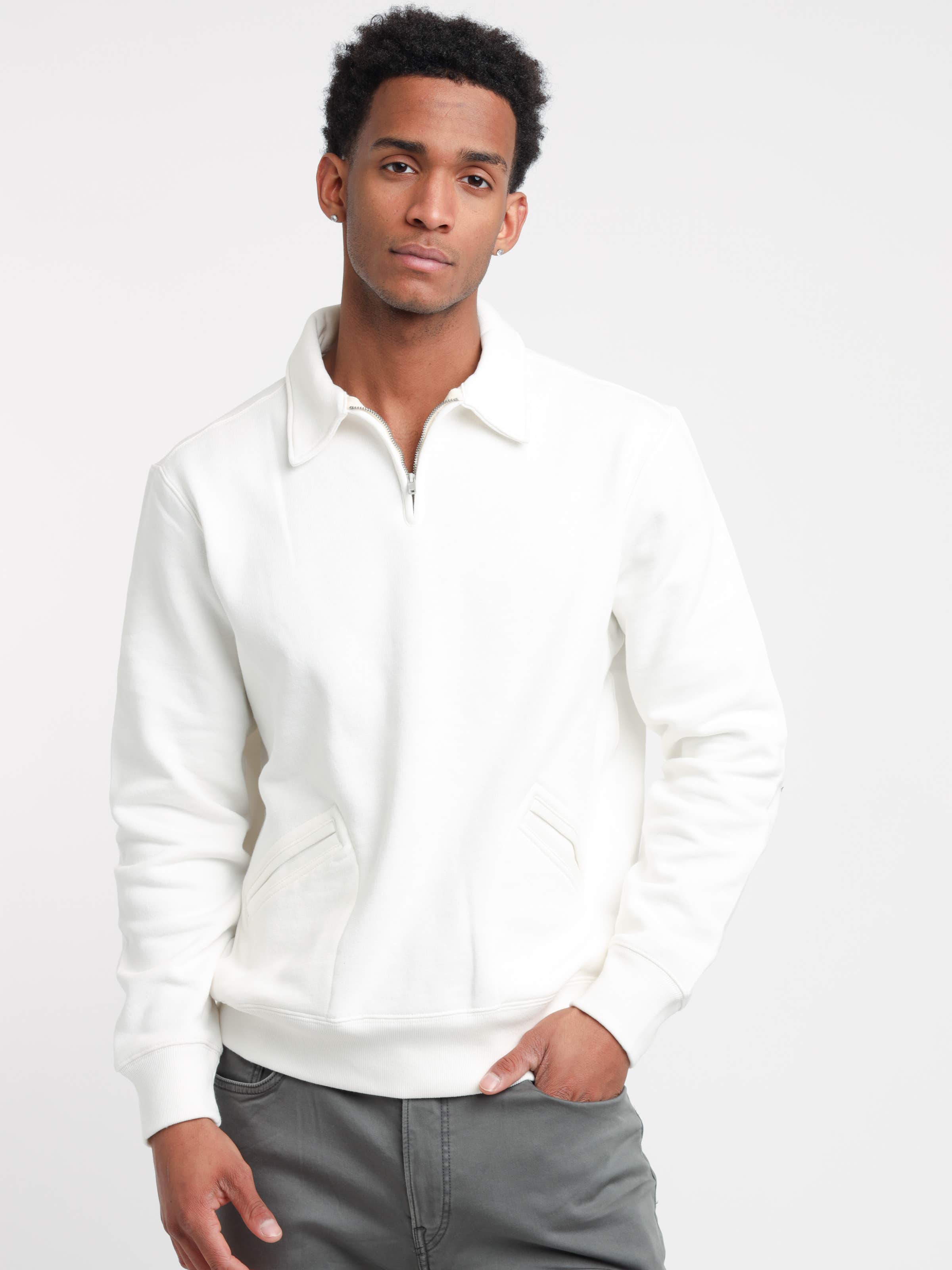 White Fleece Collared Quarter-Zip Sweatshirt