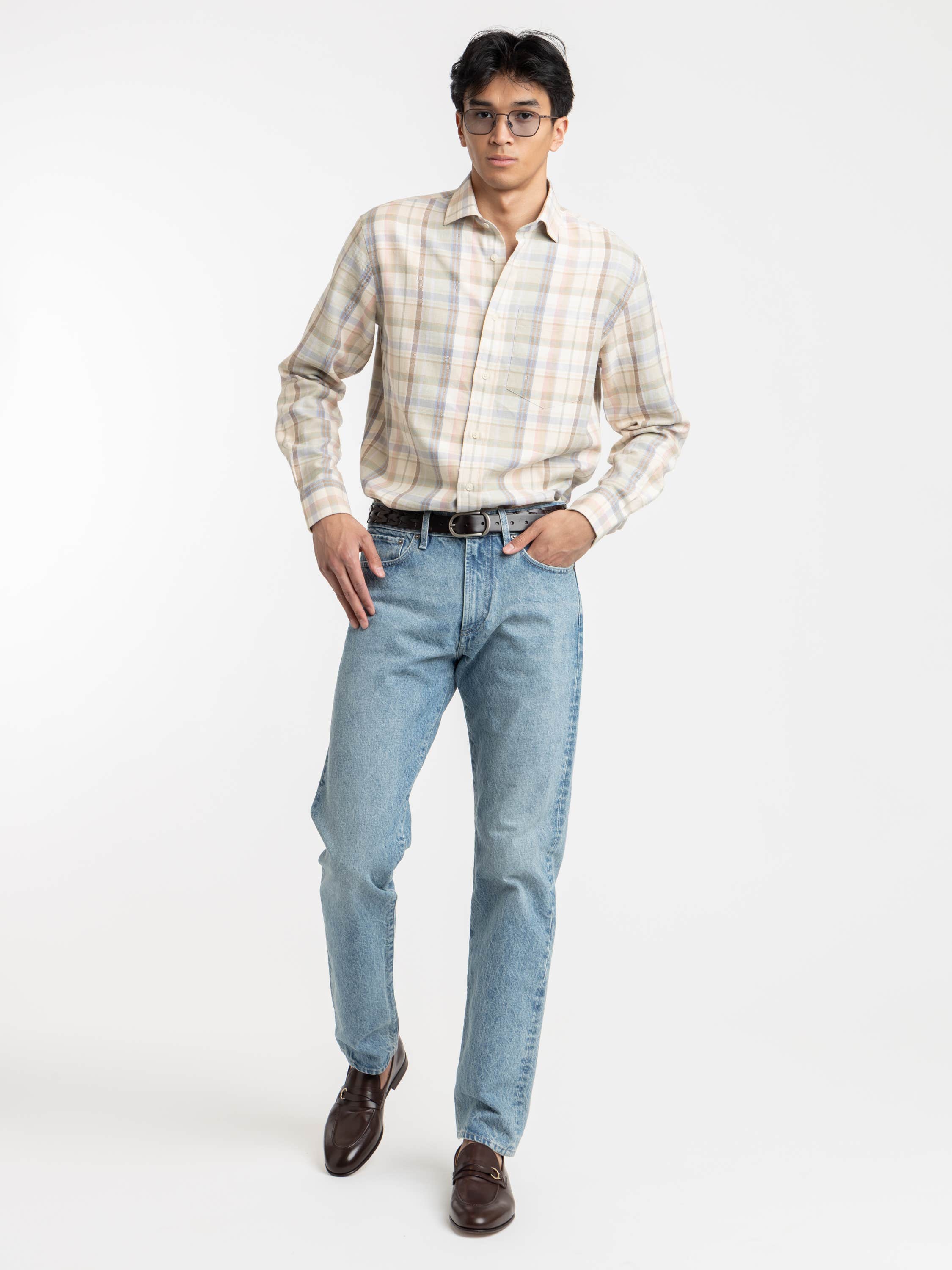 Brown Plaid Hemp-Cotton Shirt