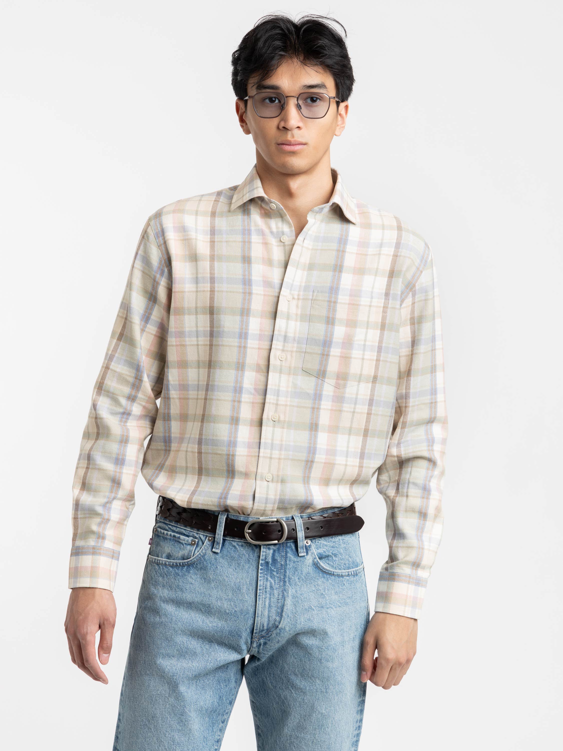 Brown Plaid Hemp-Cotton Shirt