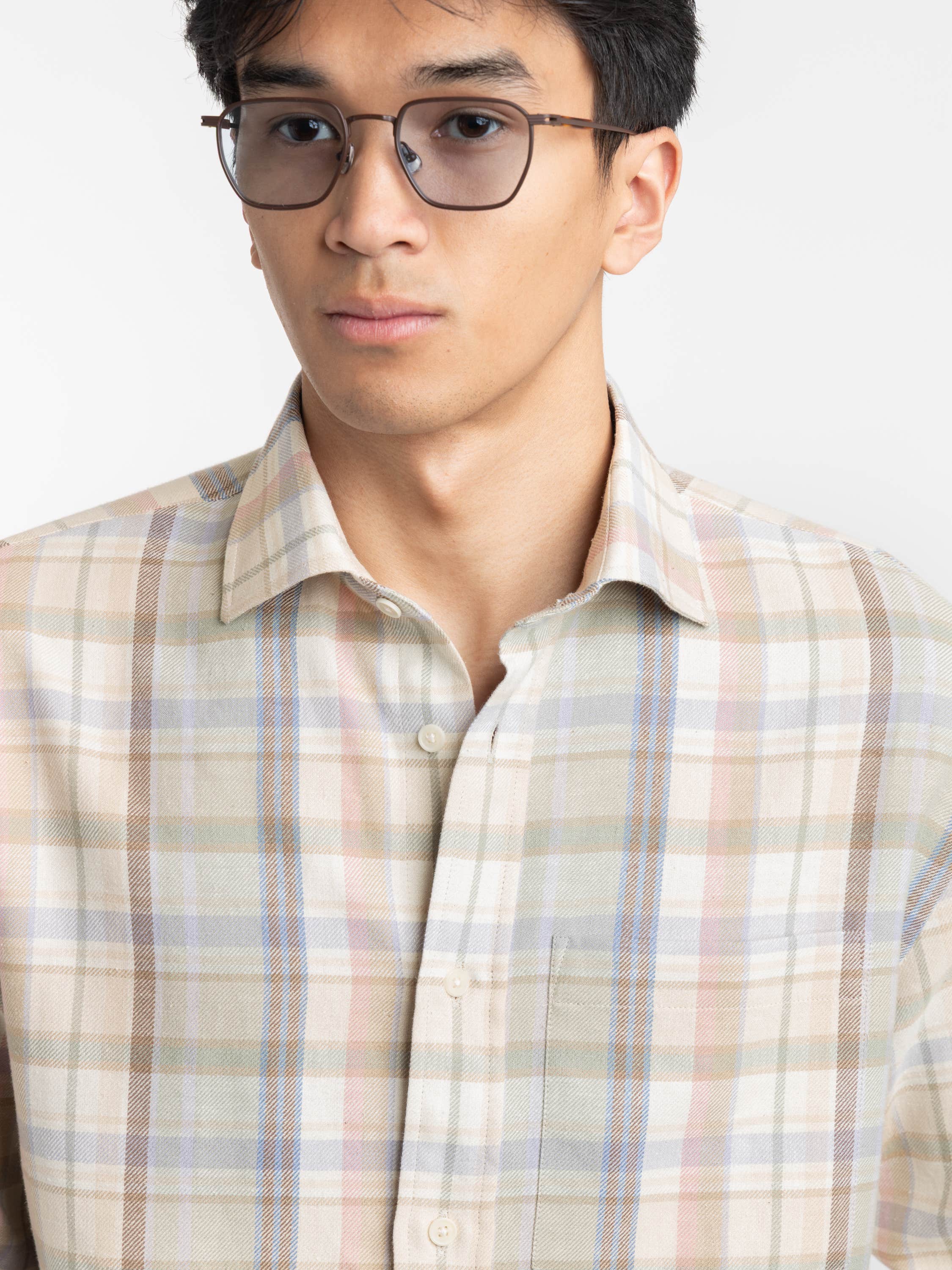 Brown Plaid Hemp-Cotton Shirt