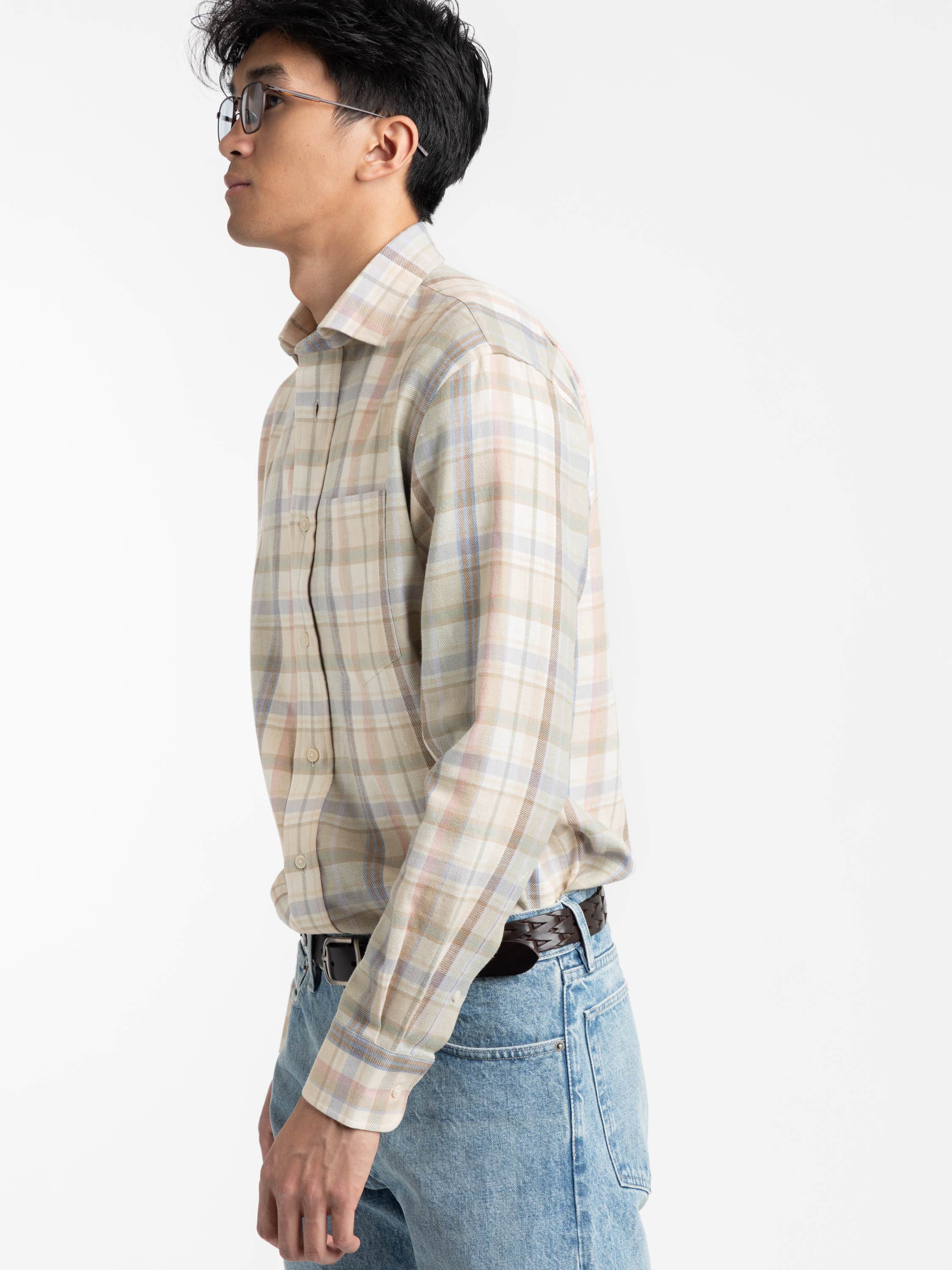 Brown Plaid Hemp-Cotton Shirt