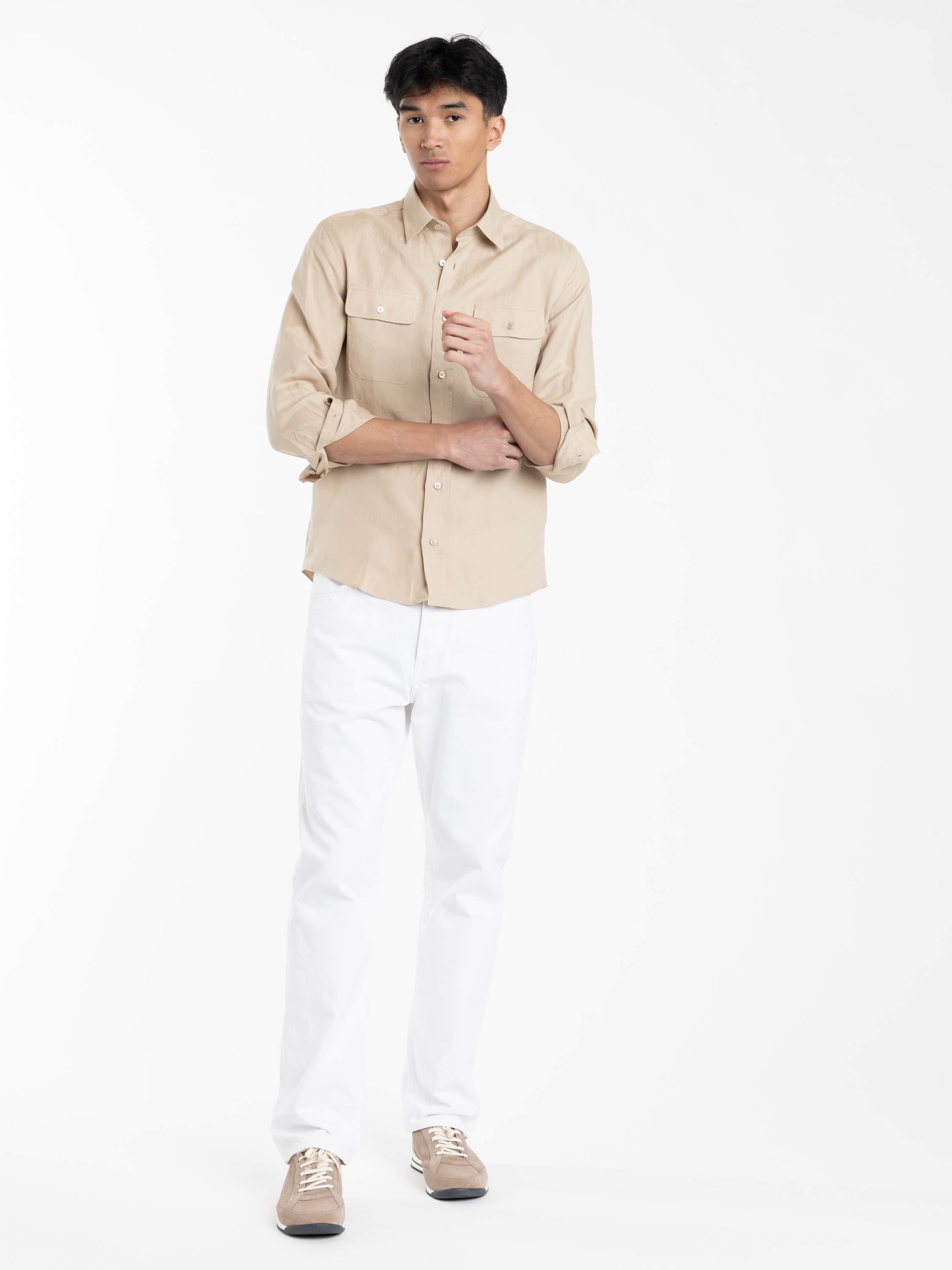 Light Brown Silk and Linen Windowpane Shirt