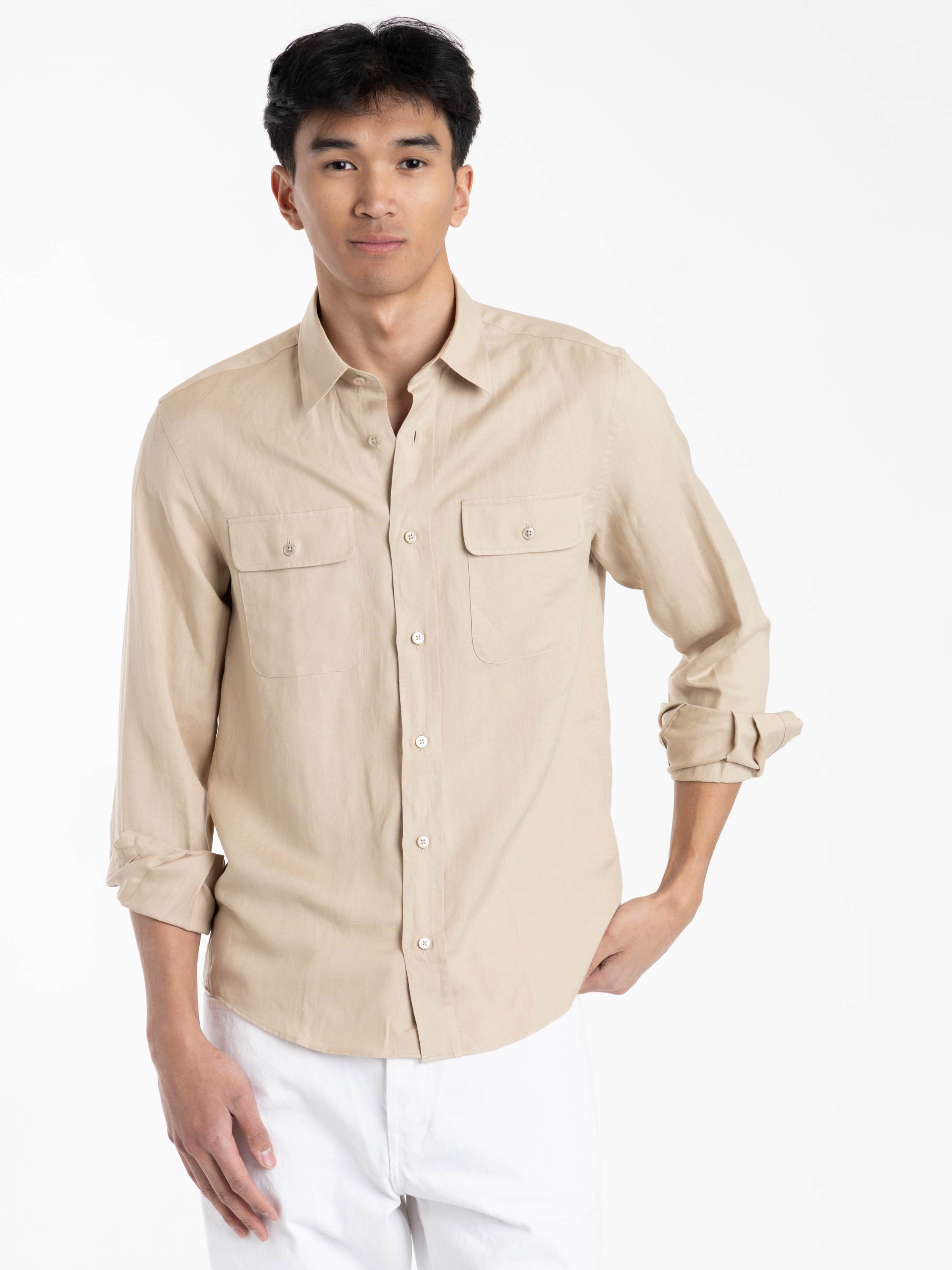 Light Brown Silk and Linen Windowpane Shirt