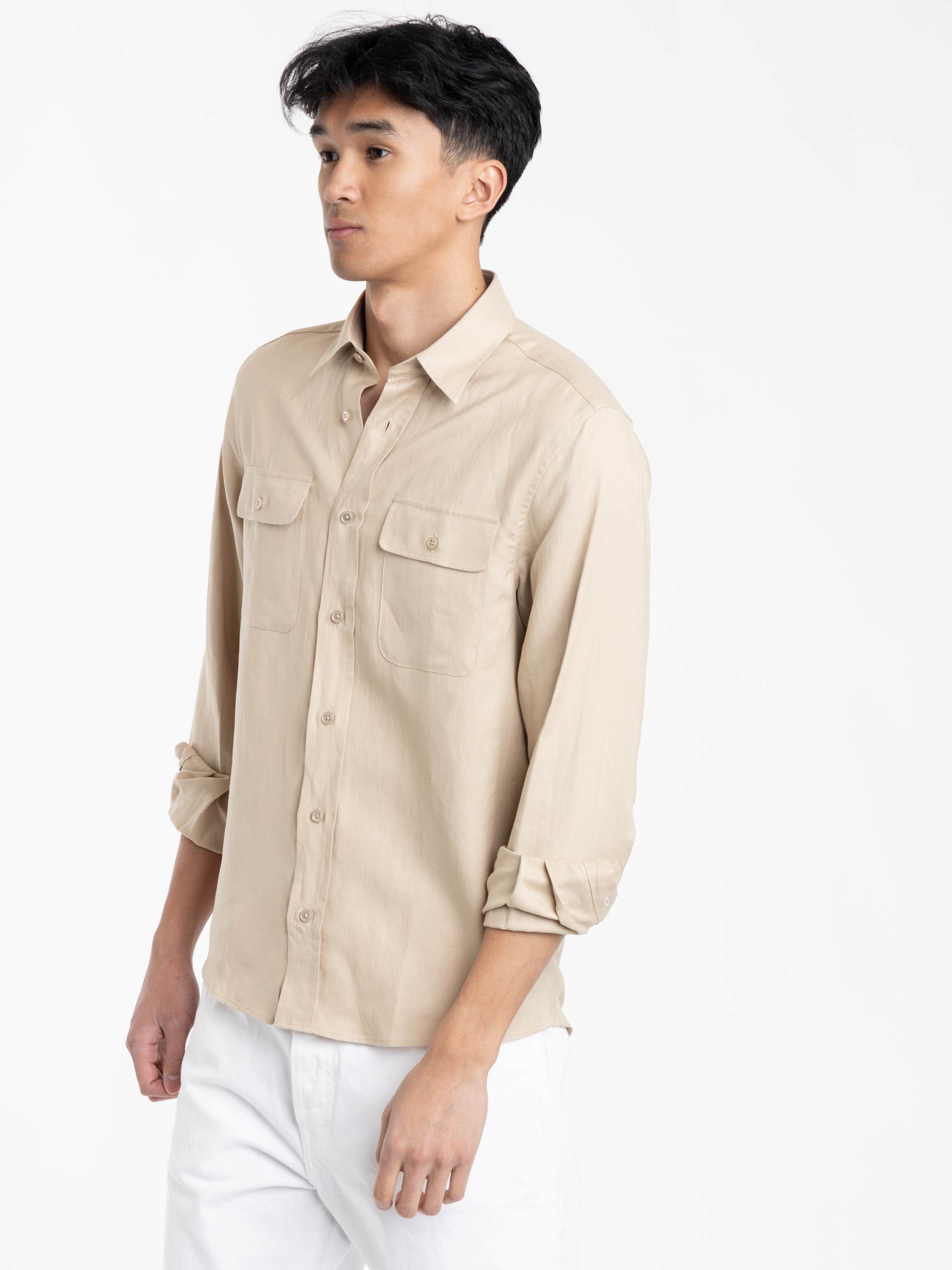 Light Brown Silk and Linen Windowpane Shirt