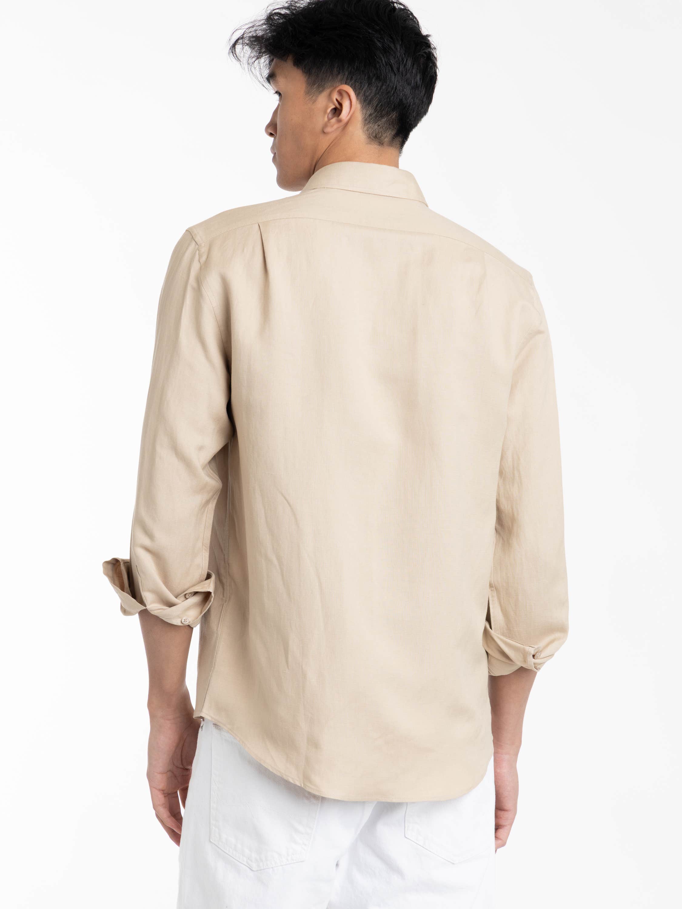Light Brown Silk and Linen Windowpane Shirt