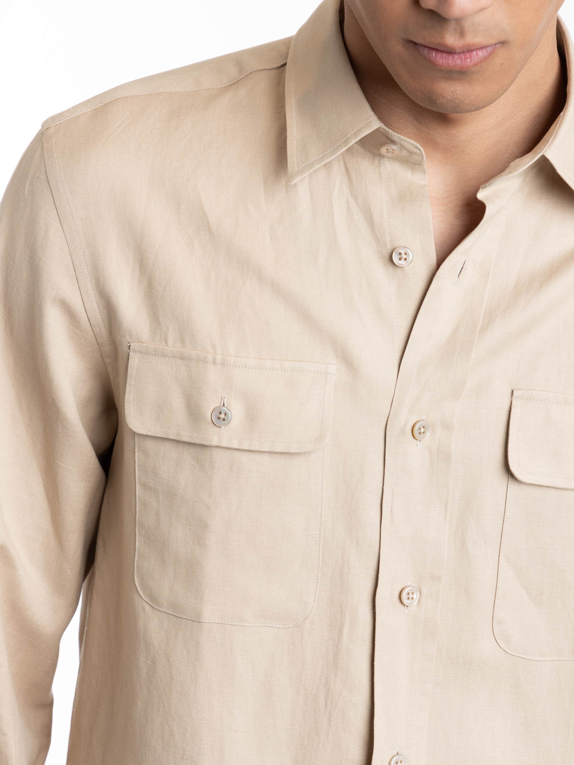 Light Brown Silk and Linen Windowpane Shirt