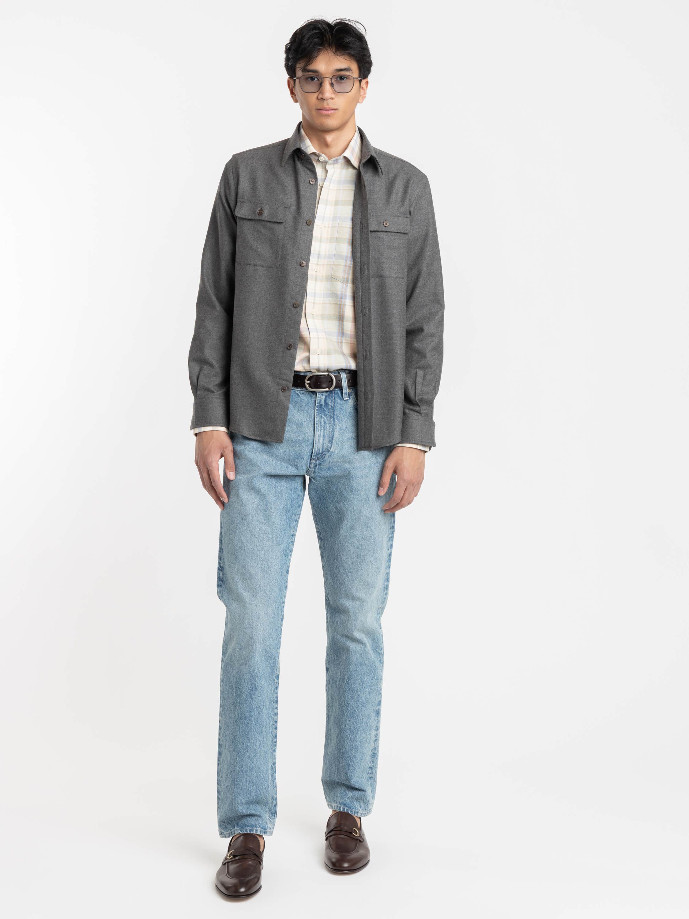 Med Grey Melange Wool Flannel Shirt