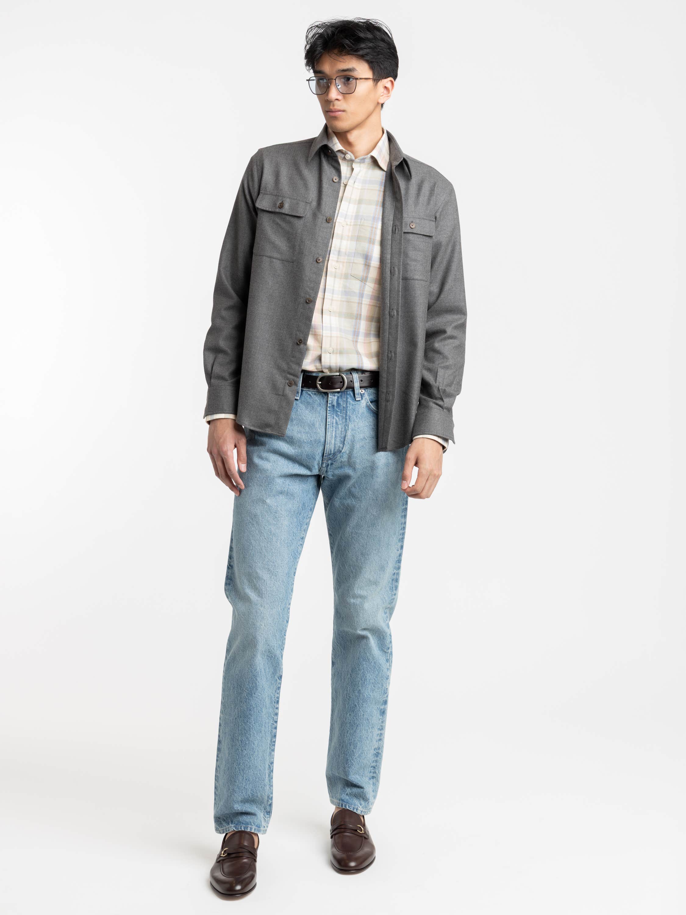 Med Grey Melange Wool Flannel Shirt