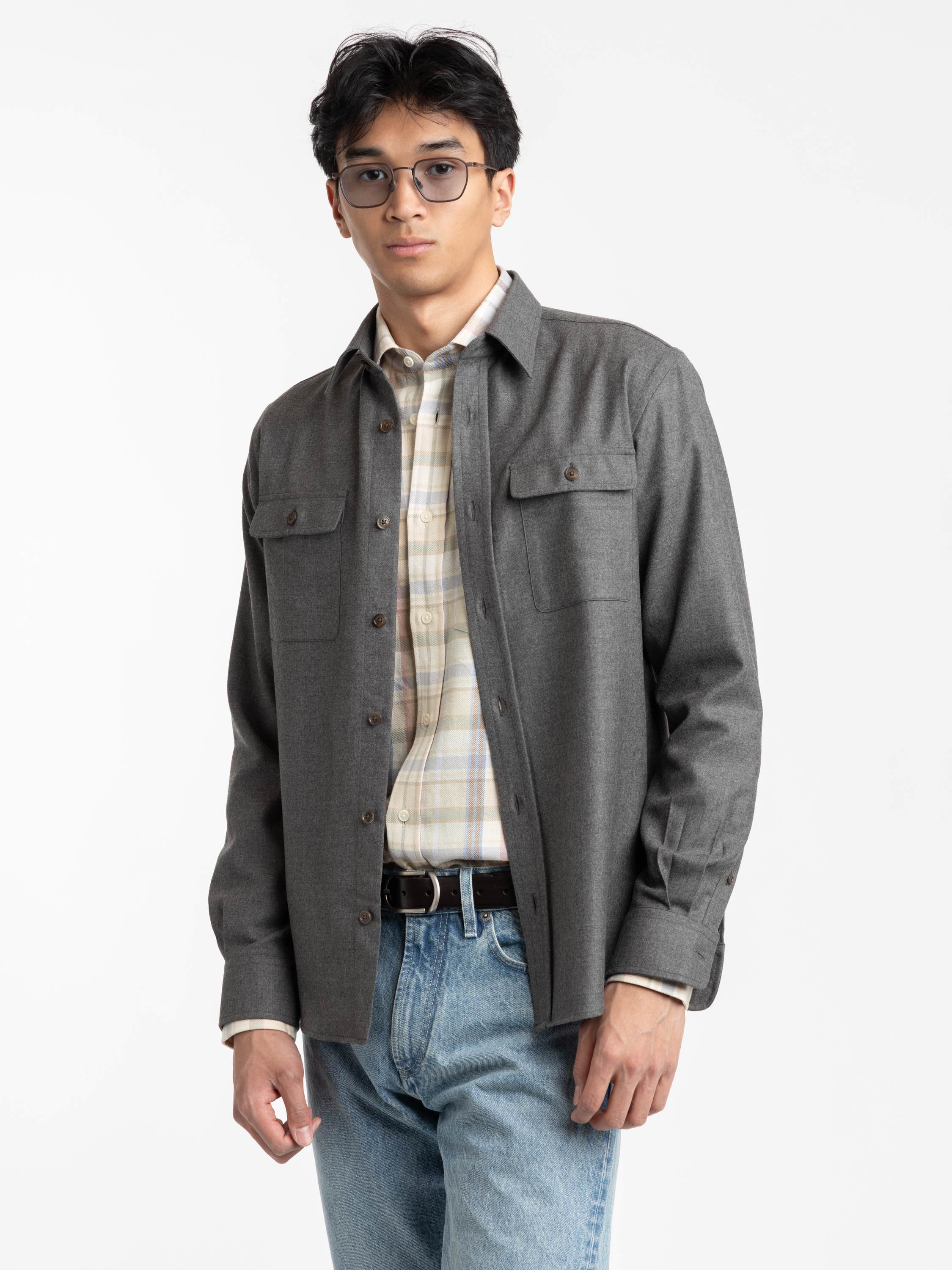 Med Grey Melange Wool Flannel Shirt
