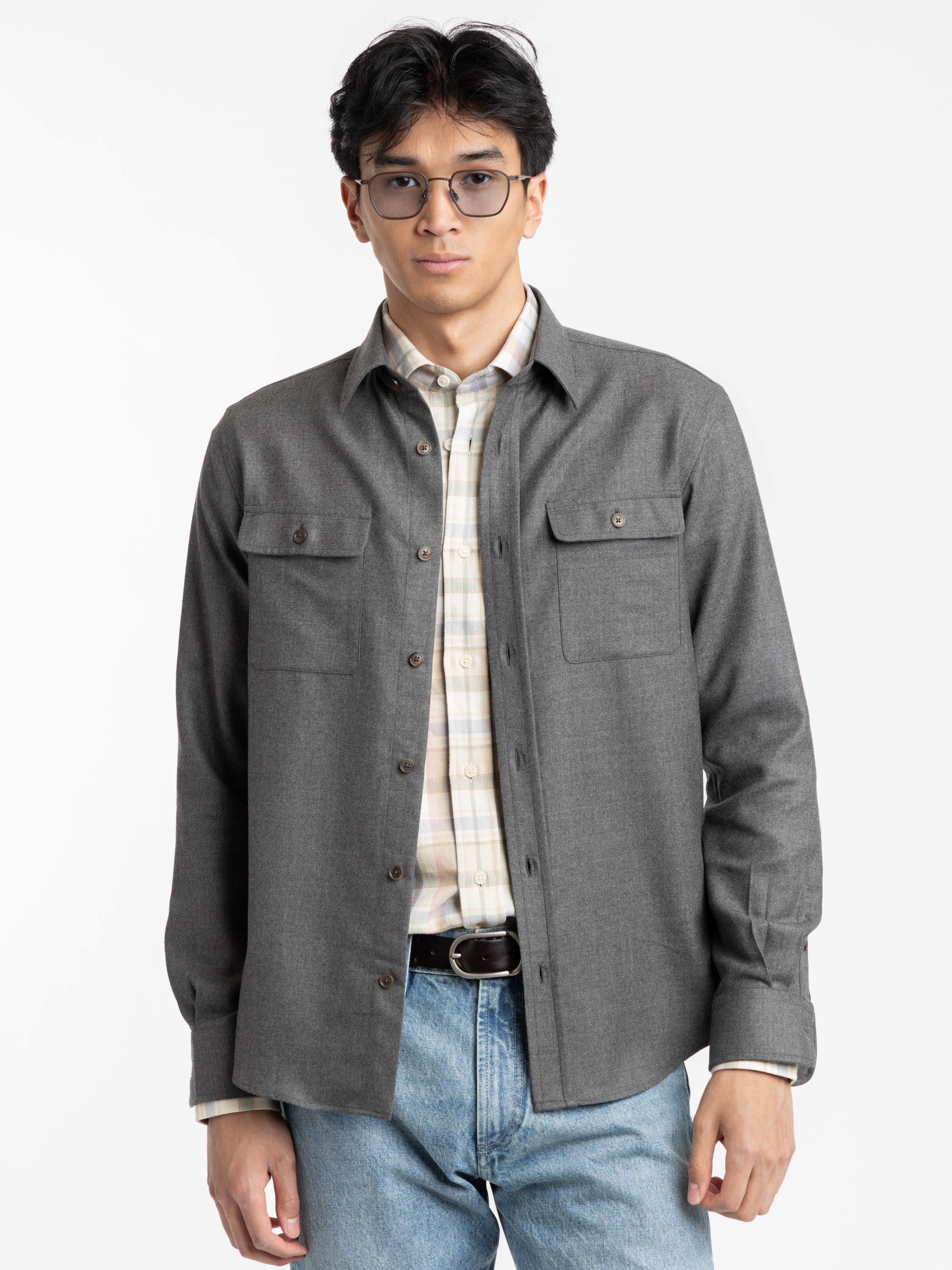Med Grey Melange Wool Flannel Shirt