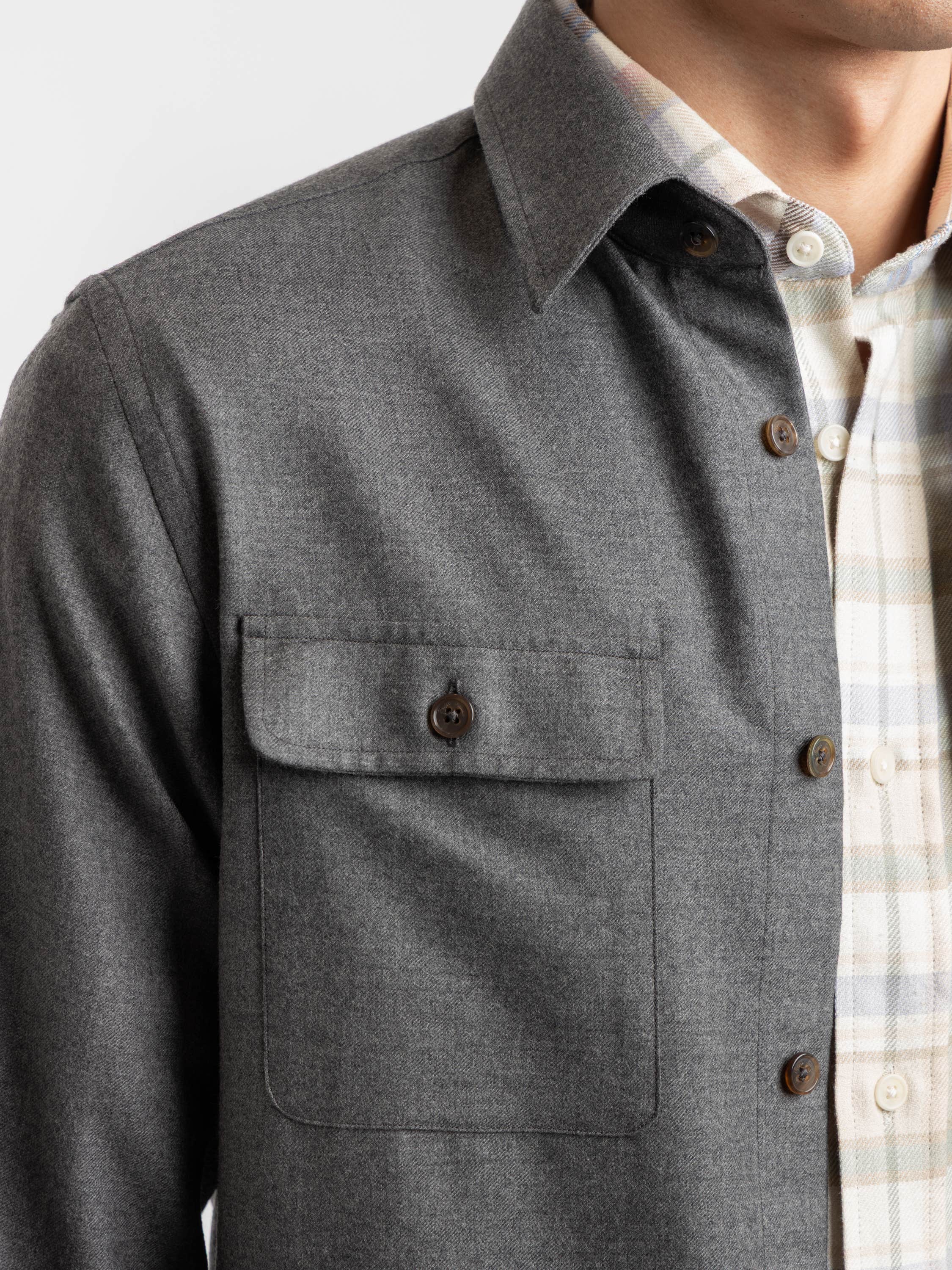 Med Grey Melange Wool Flannel Shirt