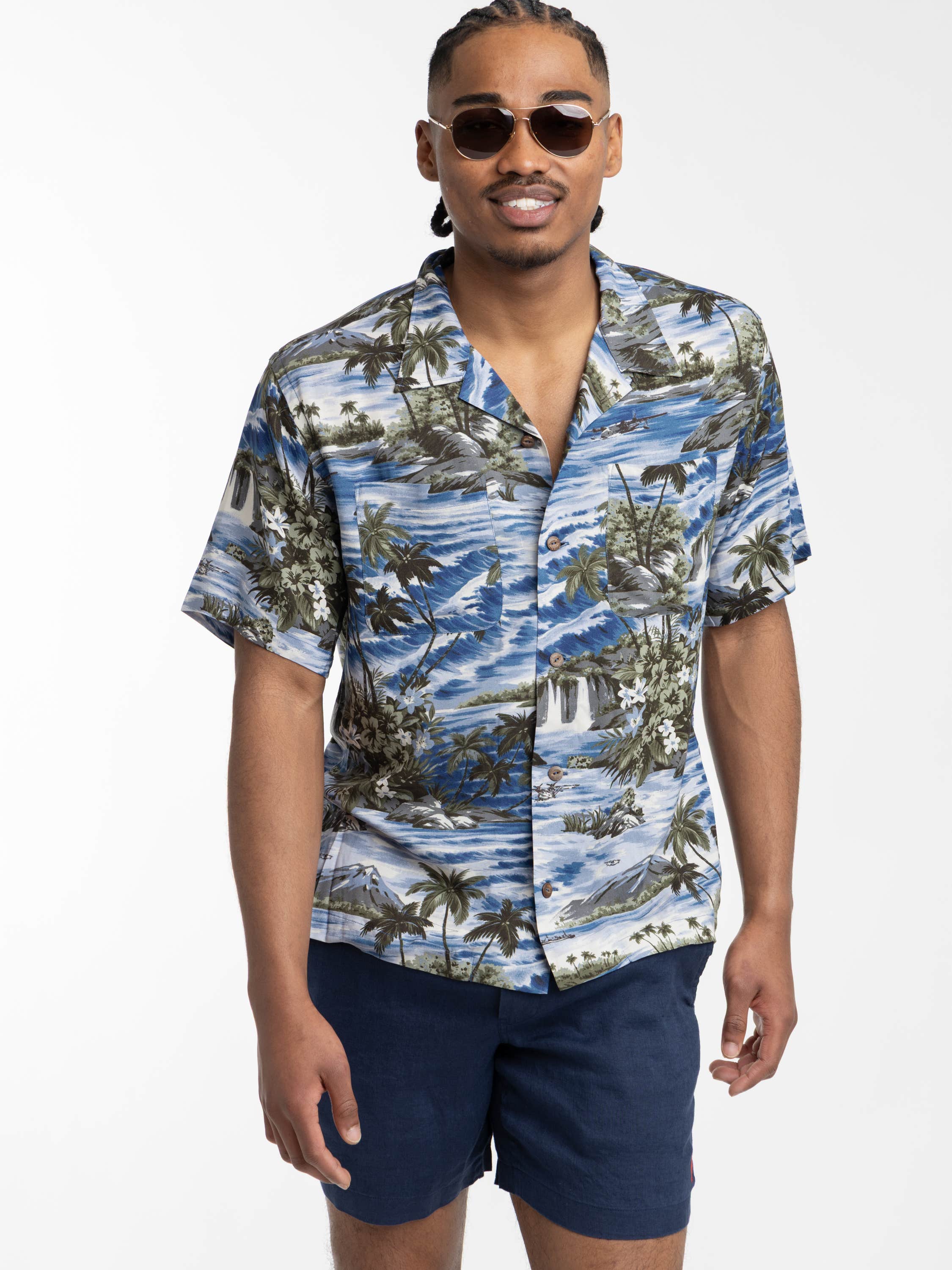 Blue Multi Tropical-Print Camp Shirt