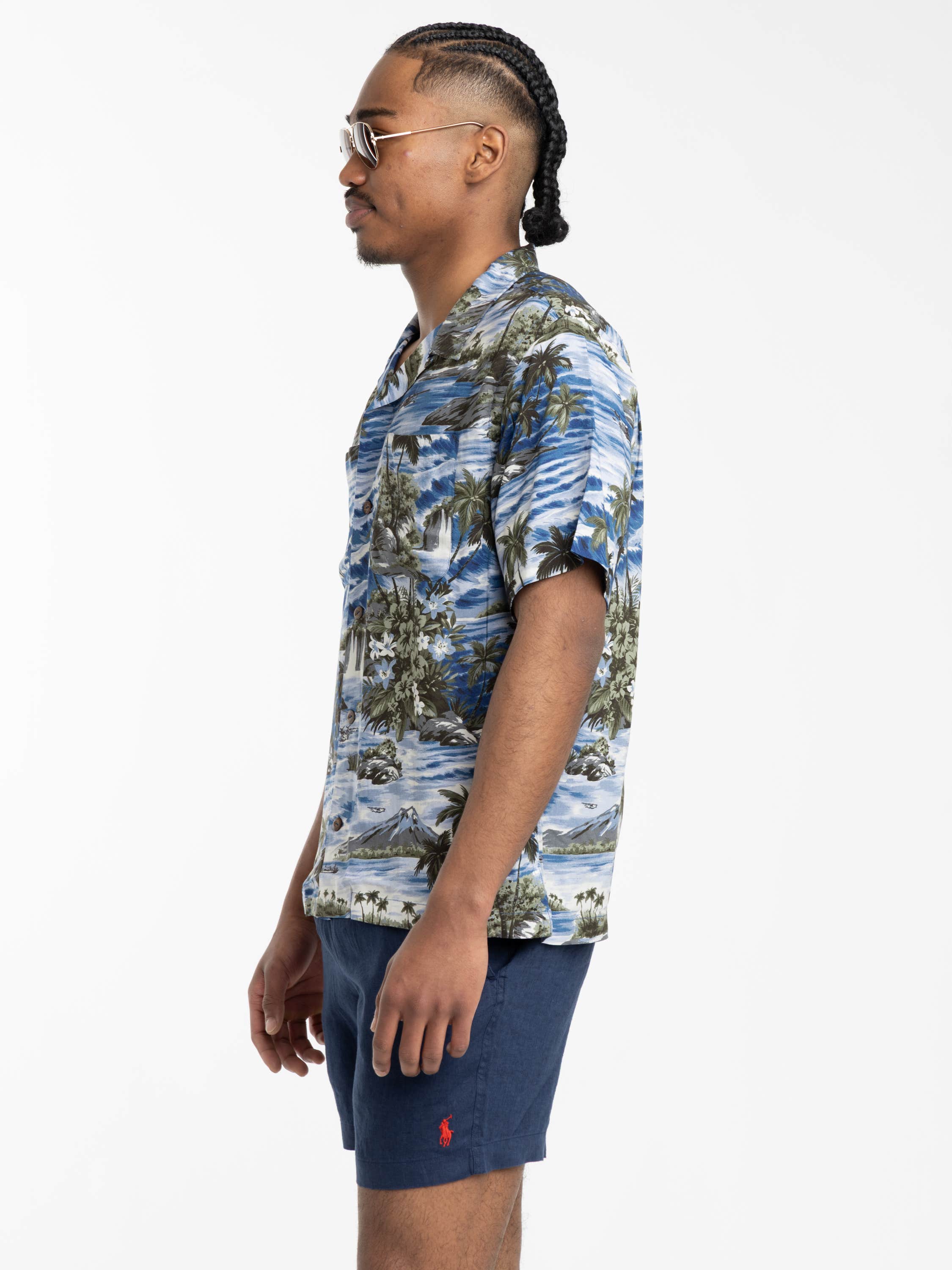 Blue Multi Tropical-Print Camp Shirt