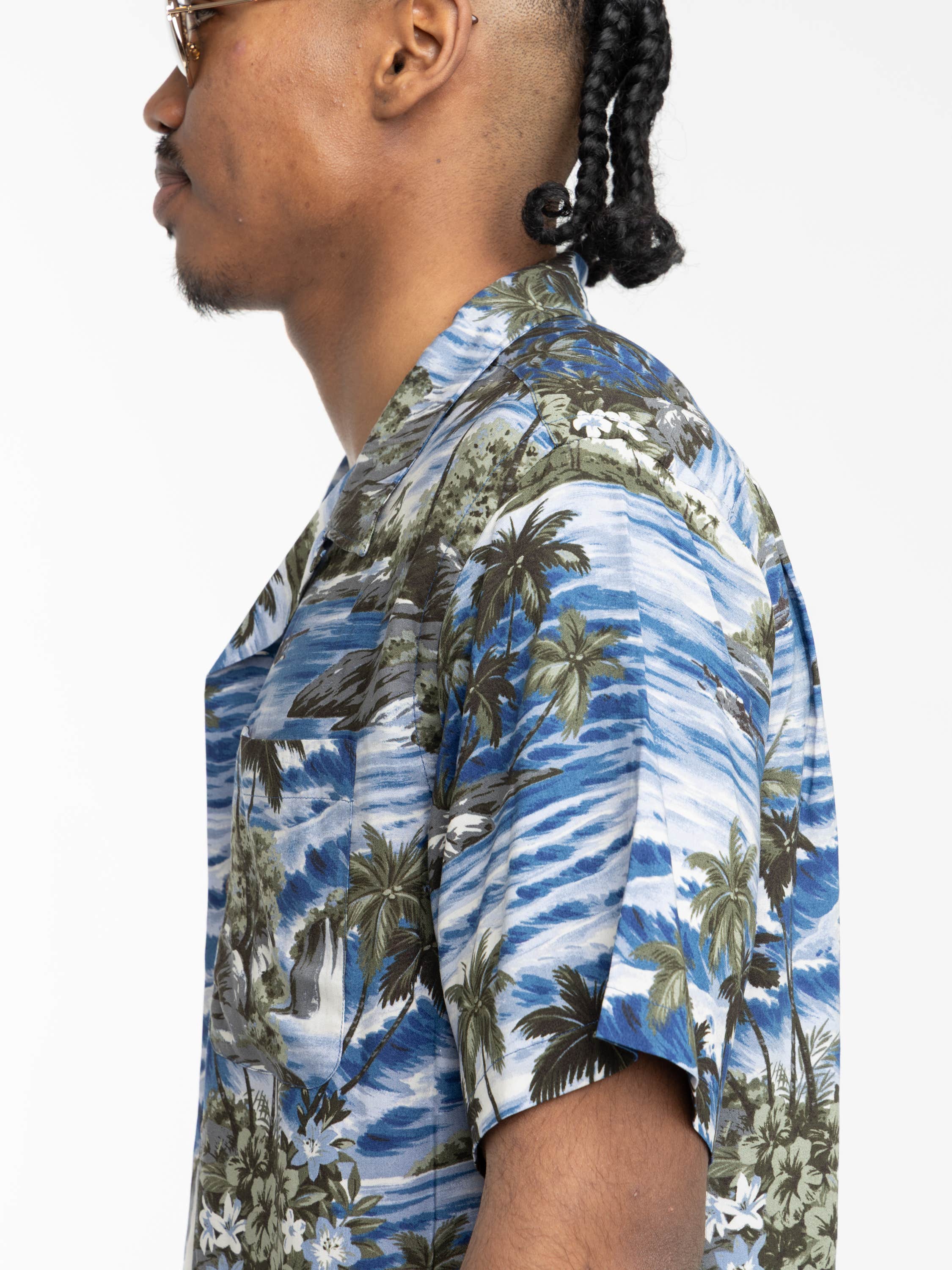 Blue Multi Tropical-Print Camp Shirt