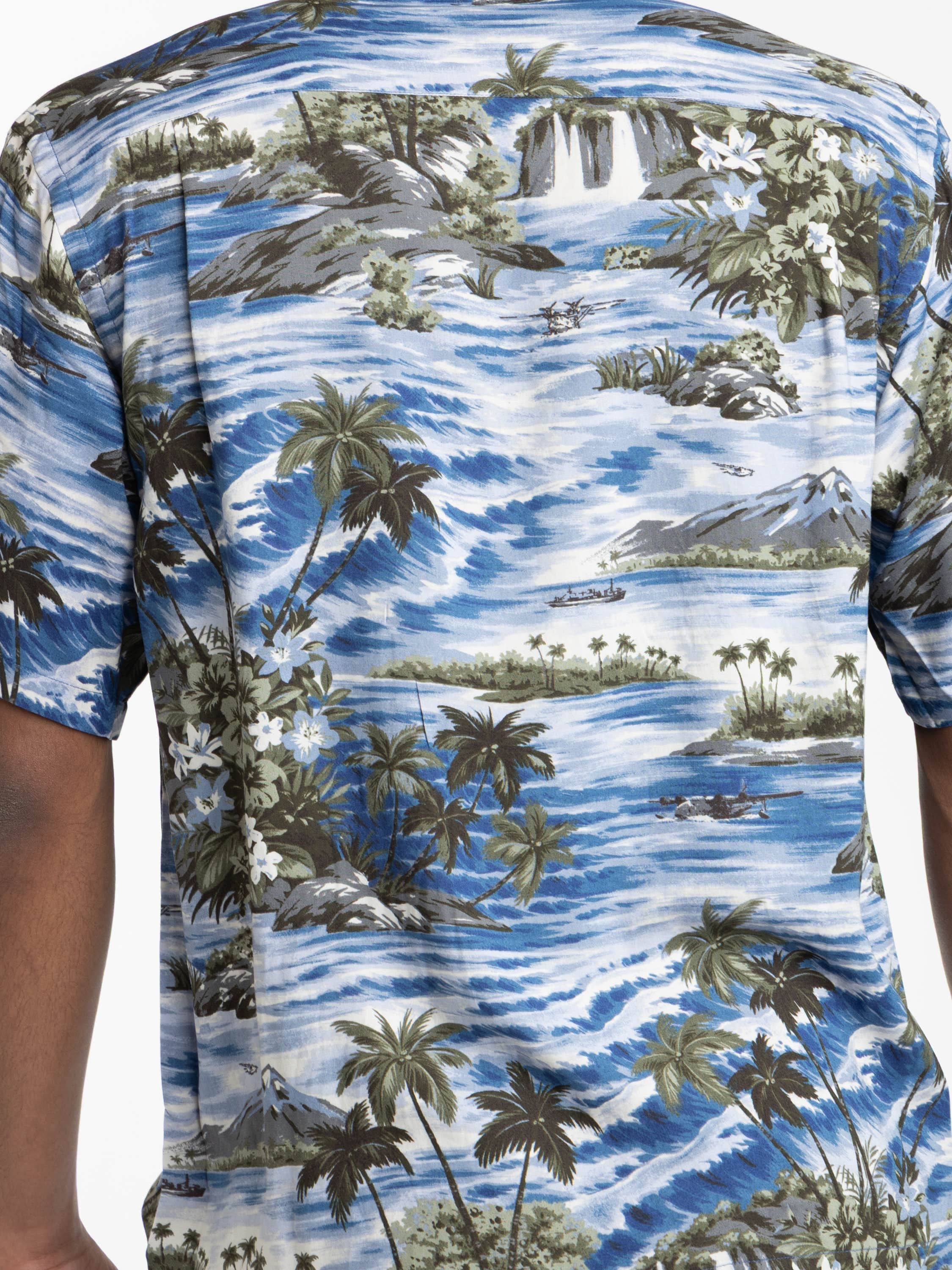 Blue Multi Tropical-Print Camp Shirt