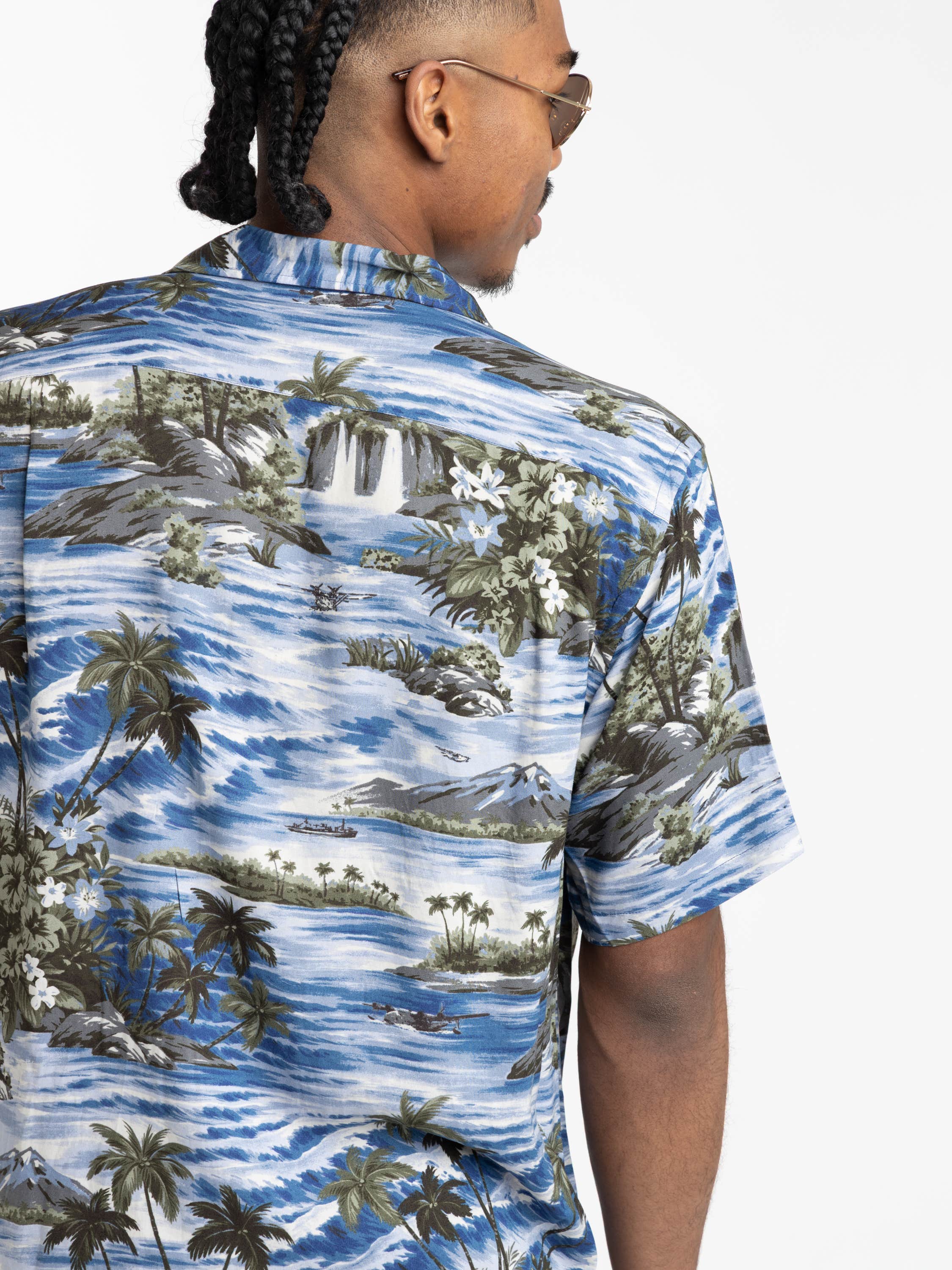 Blue Multi Tropical-Print Camp Shirt