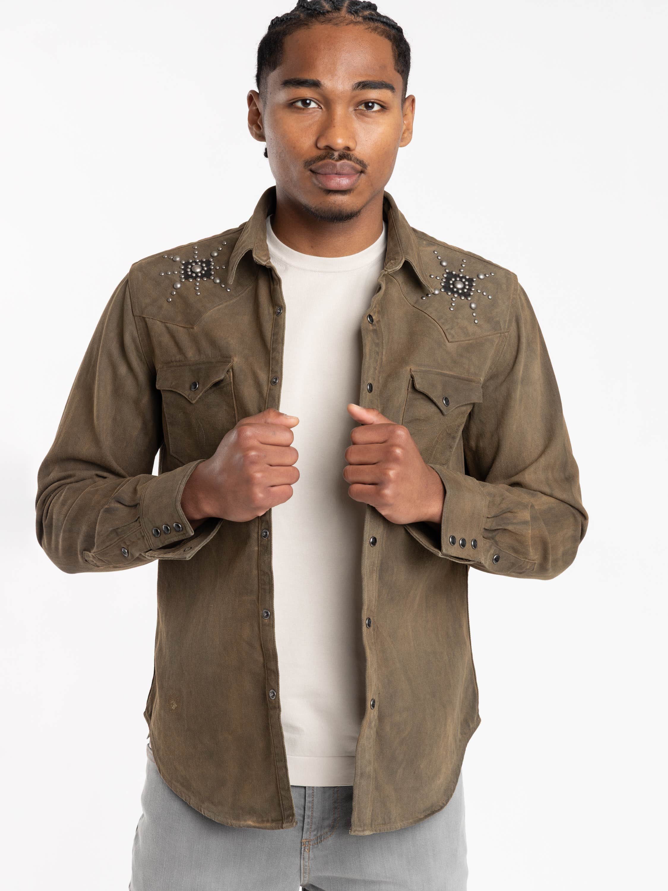 Brown Studded Long-Sleeved Shirt