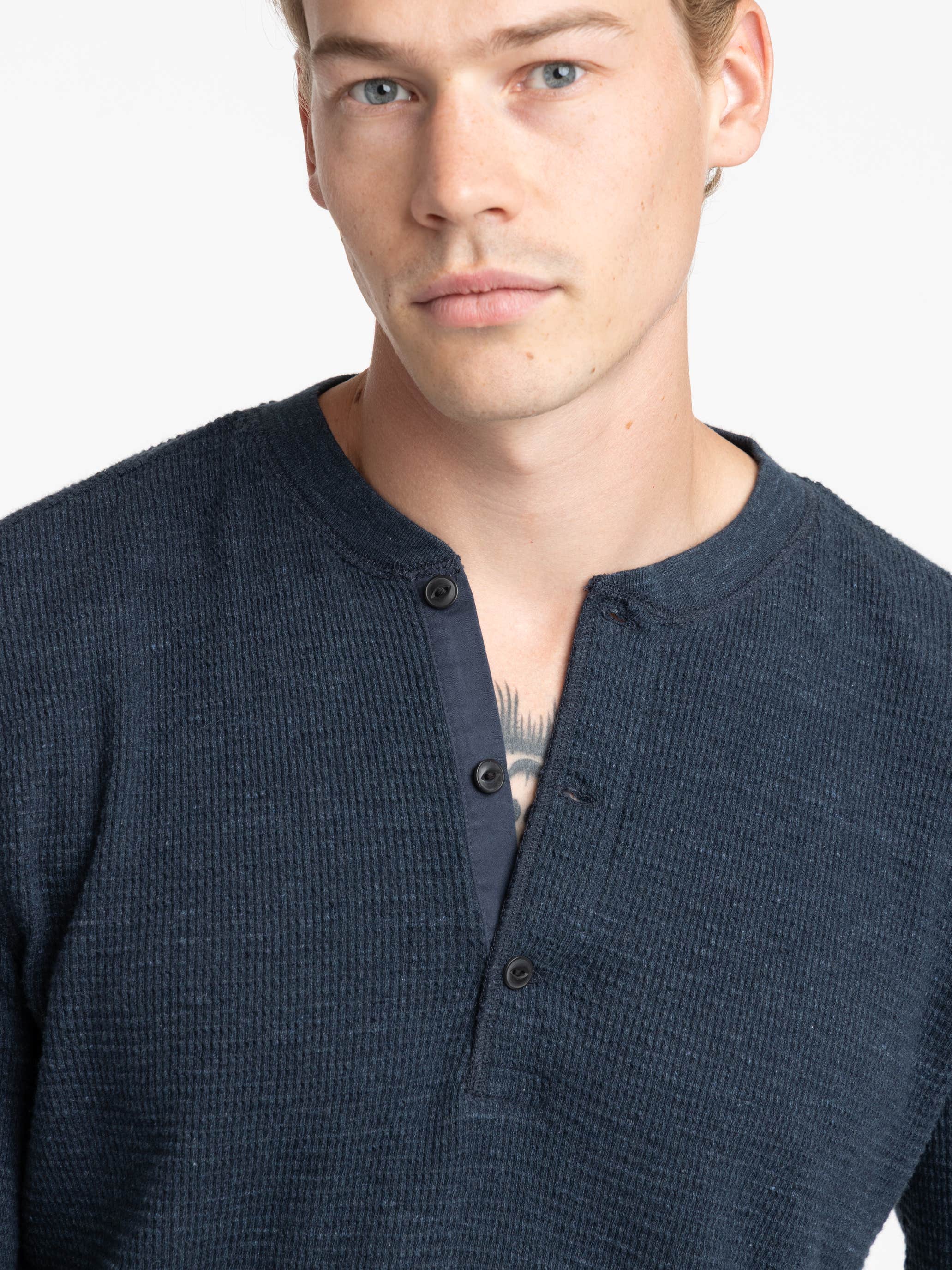 Navy Cotton Waffle-Knit Henley Shirt