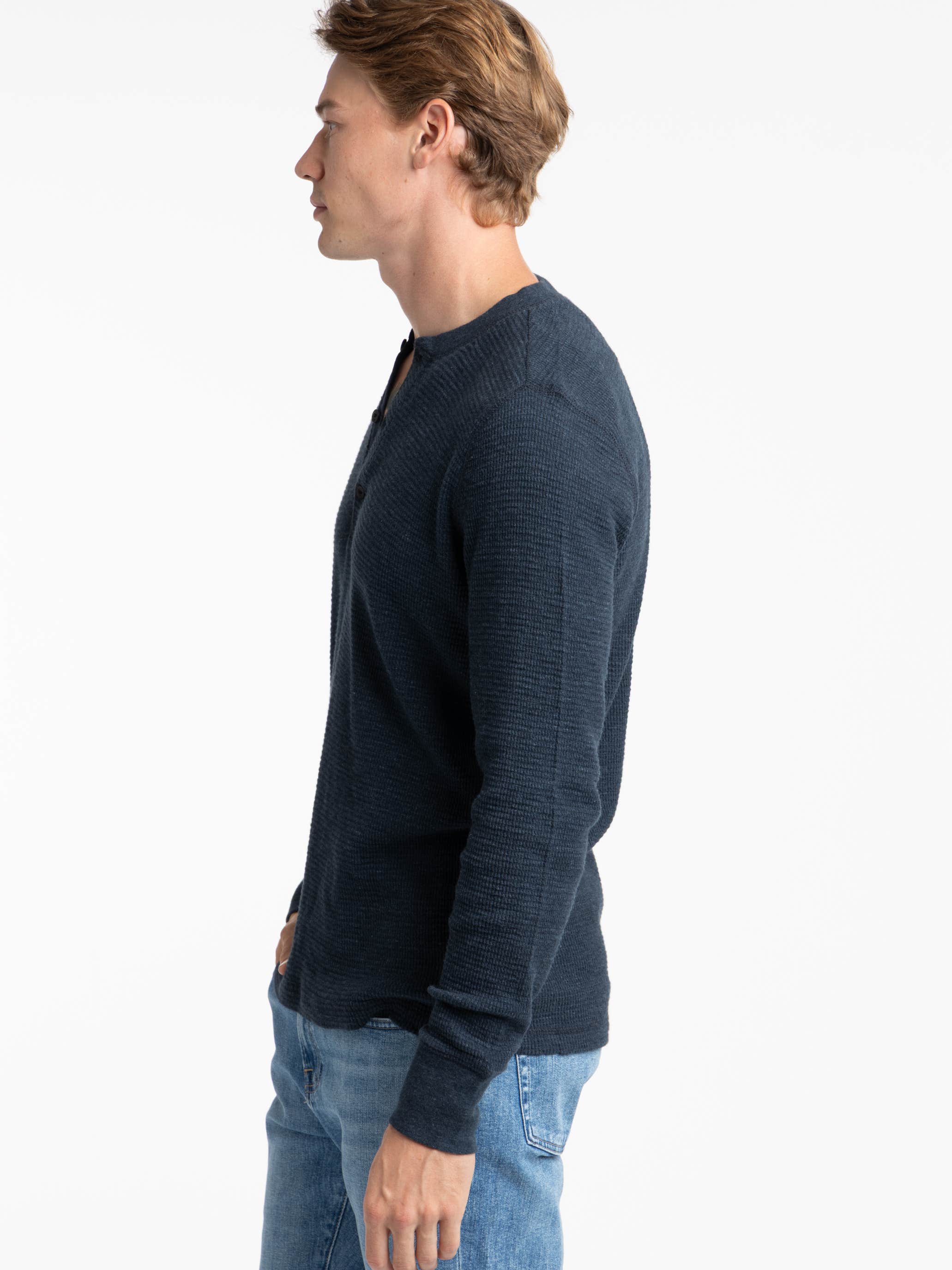 Navy Cotton Waffle-Knit Henley Shirt