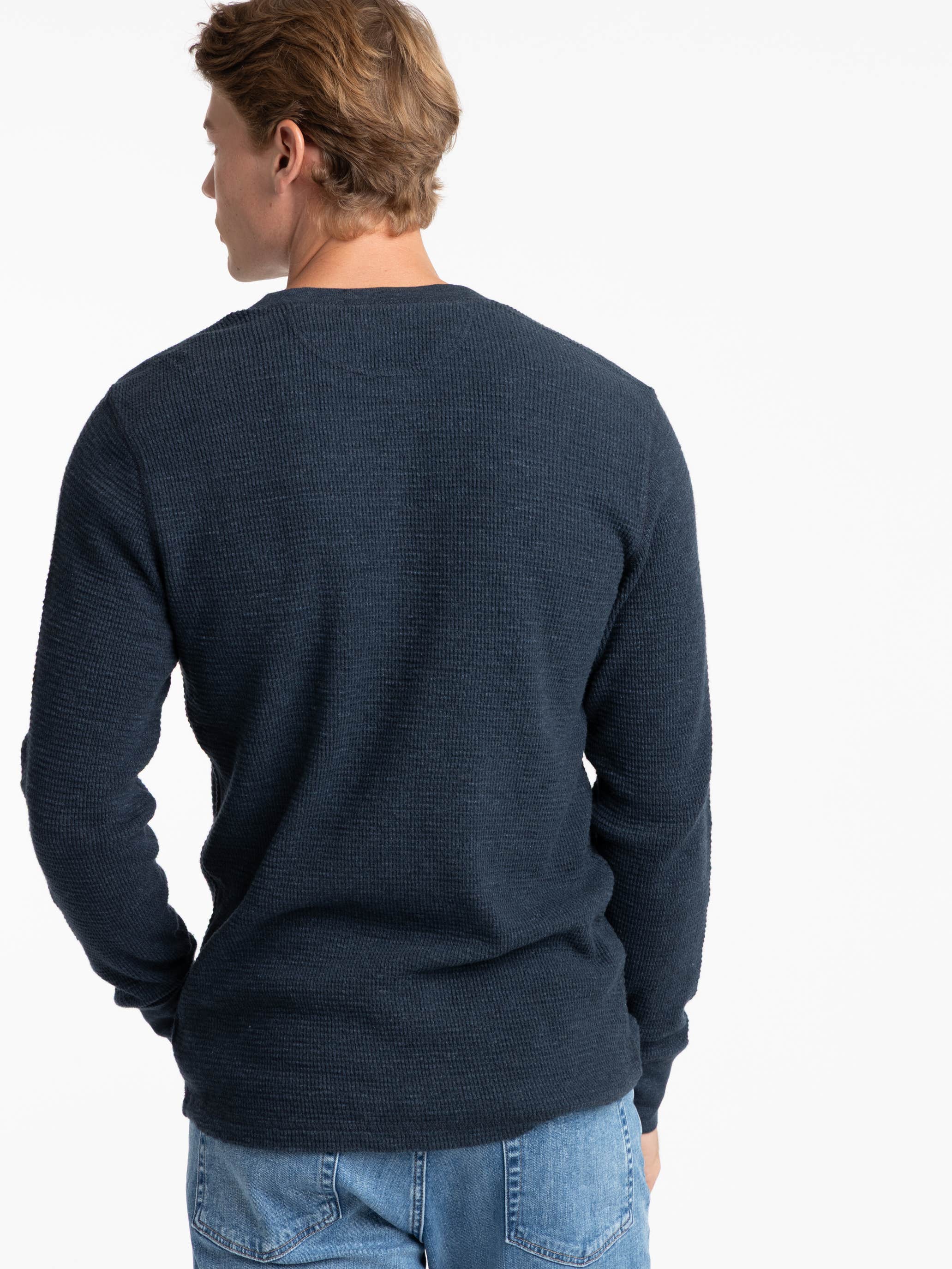 Navy Cotton Waffle-Knit Henley Shirt
