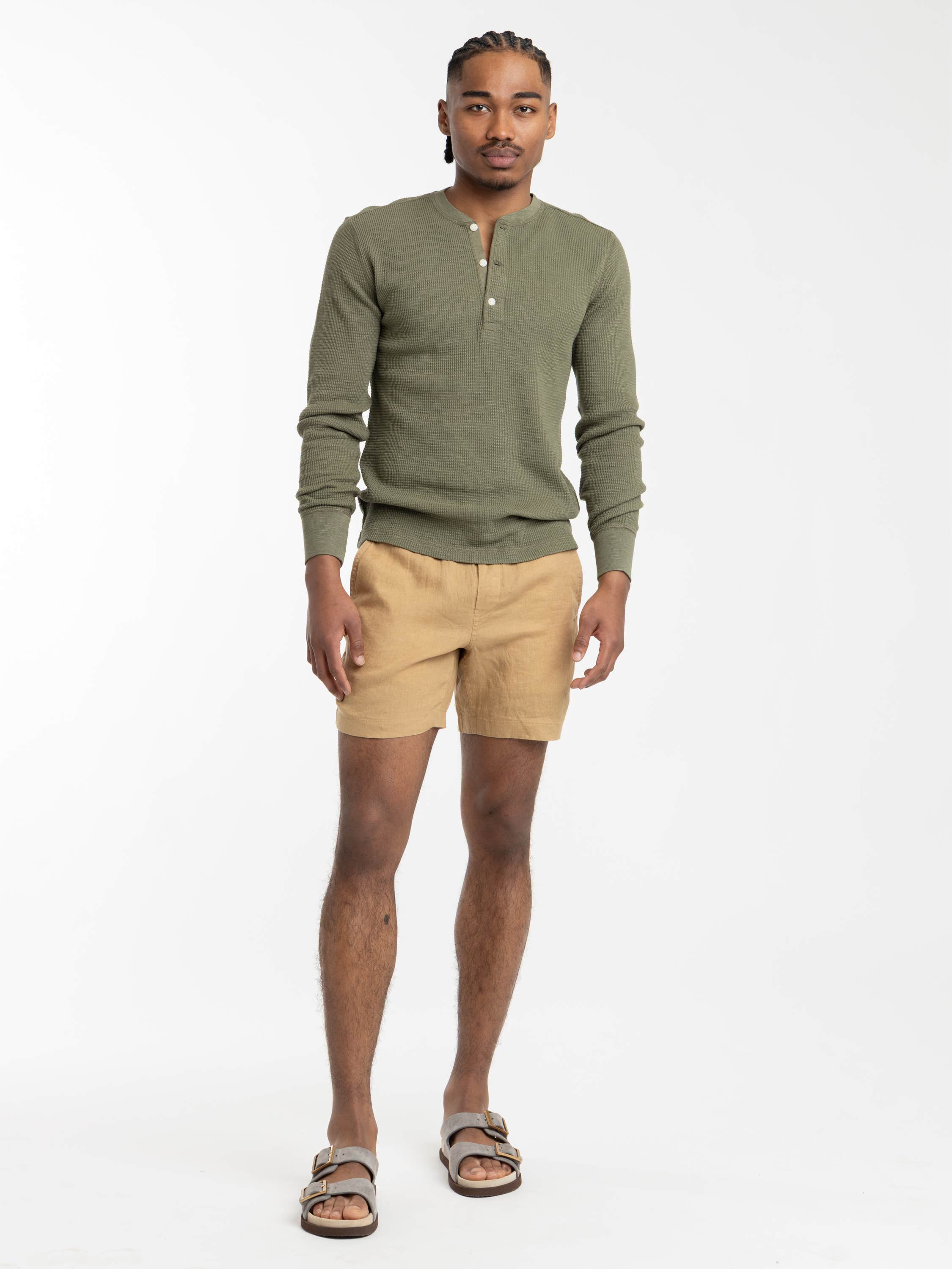 Tree Green Garment-Dyed Waffle-Knit Henley Shirt