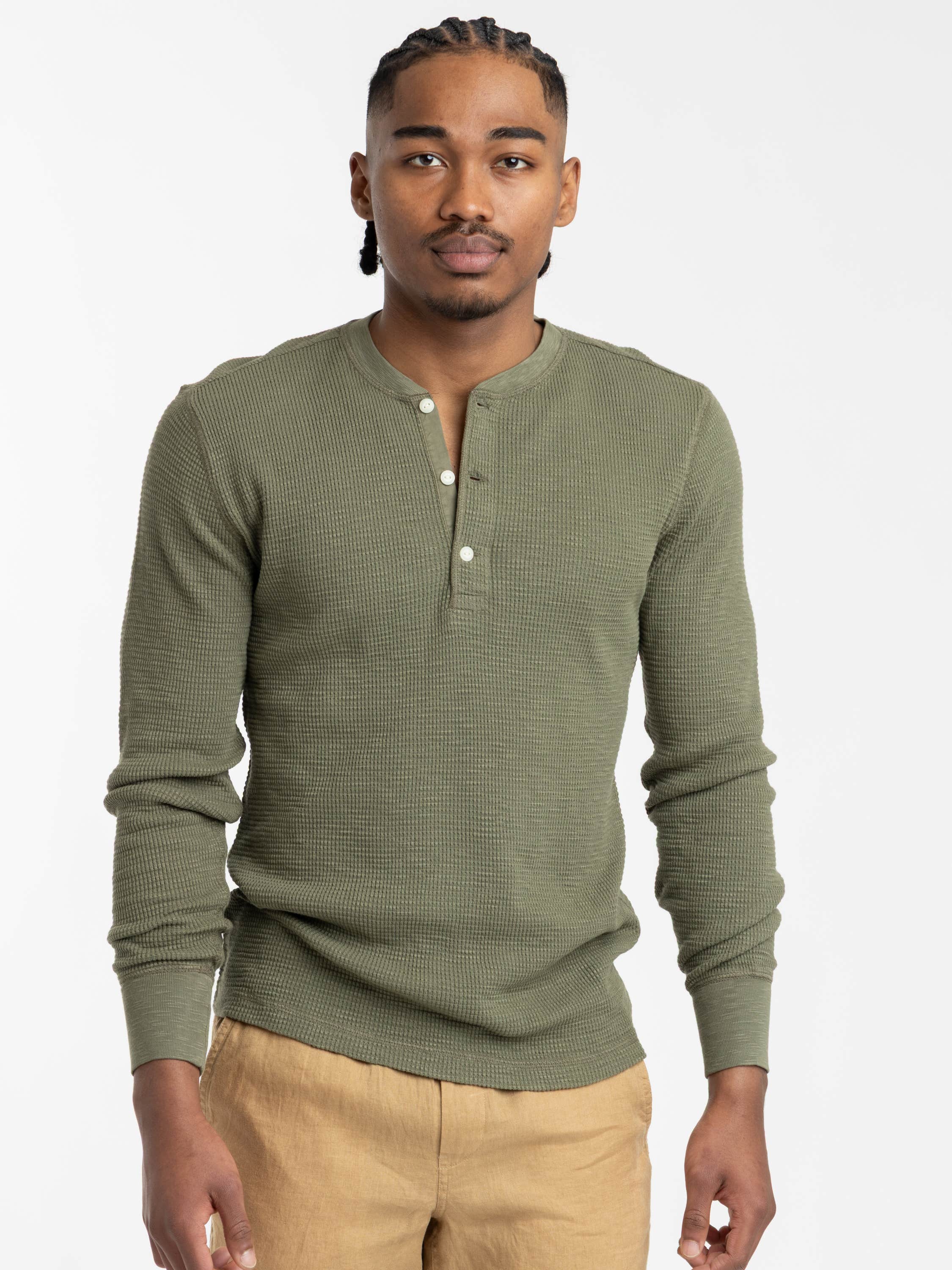 Tree Green Garment-Dyed Waffle-Knit Henley Shirt