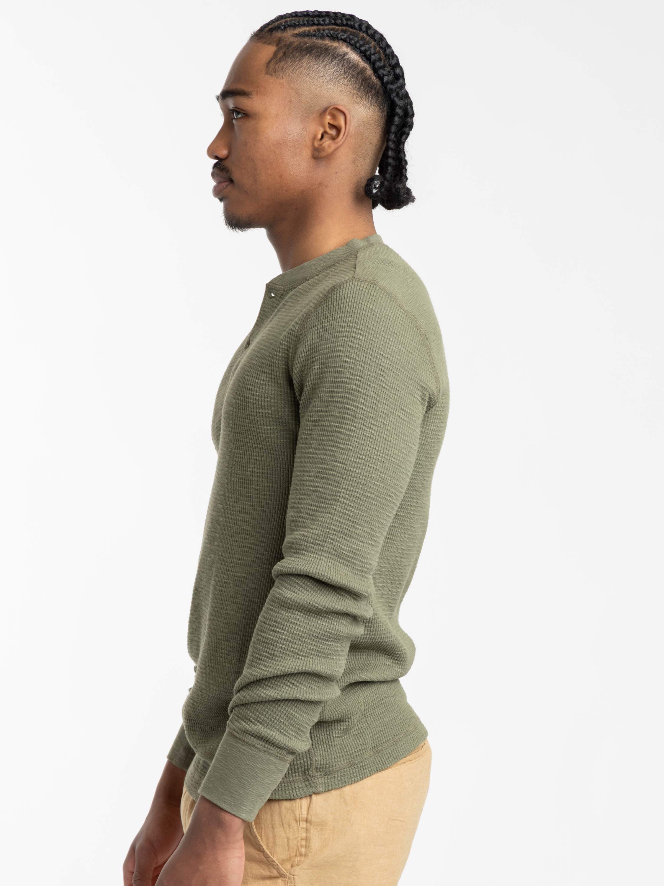 Tree Green Garment-Dyed Waffle-Knit Henley Shirt