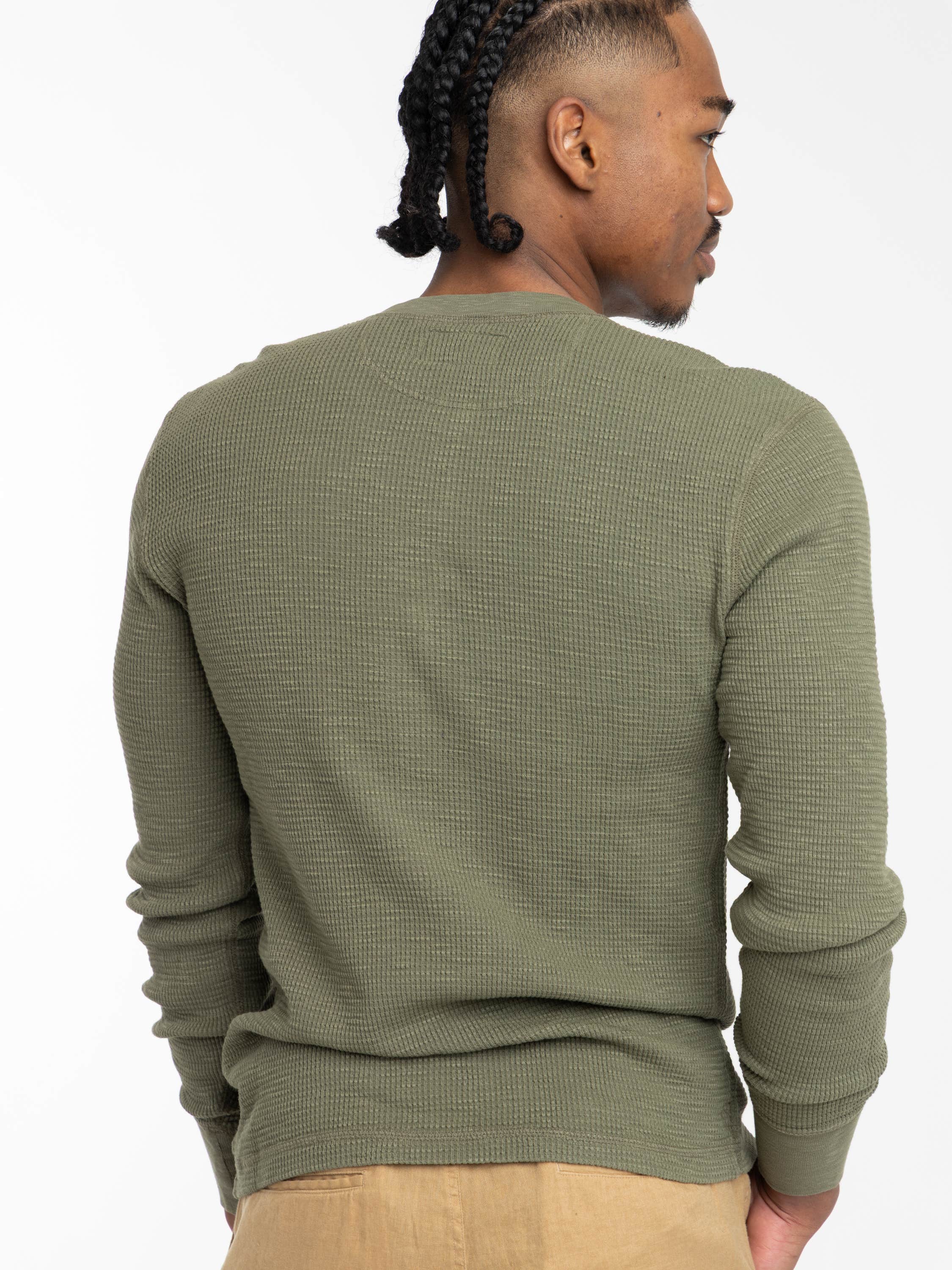 Tree Green Garment-Dyed Waffle-Knit Henley Shirt