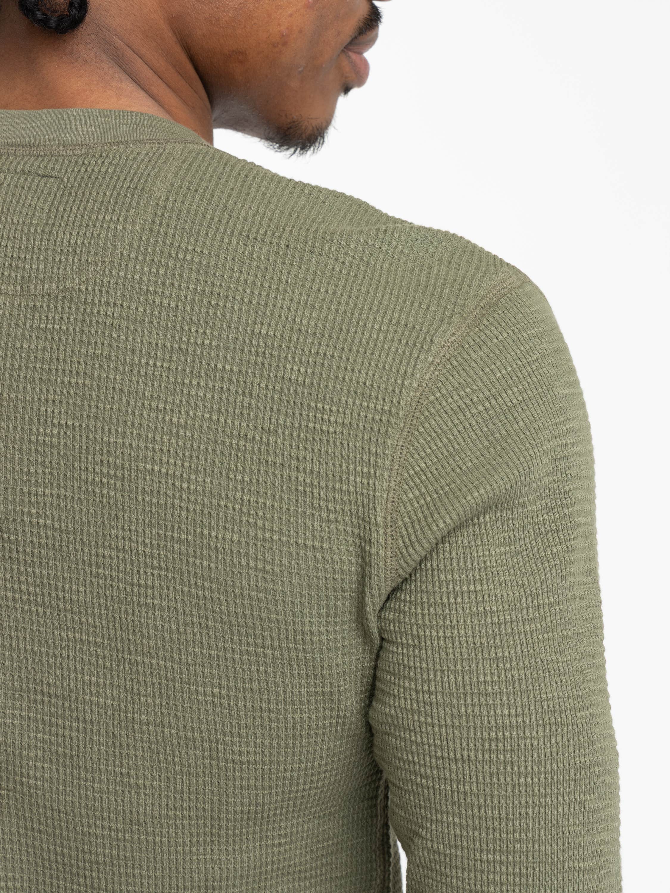 Tree Green Garment-Dyed Waffle-Knit Henley Shirt