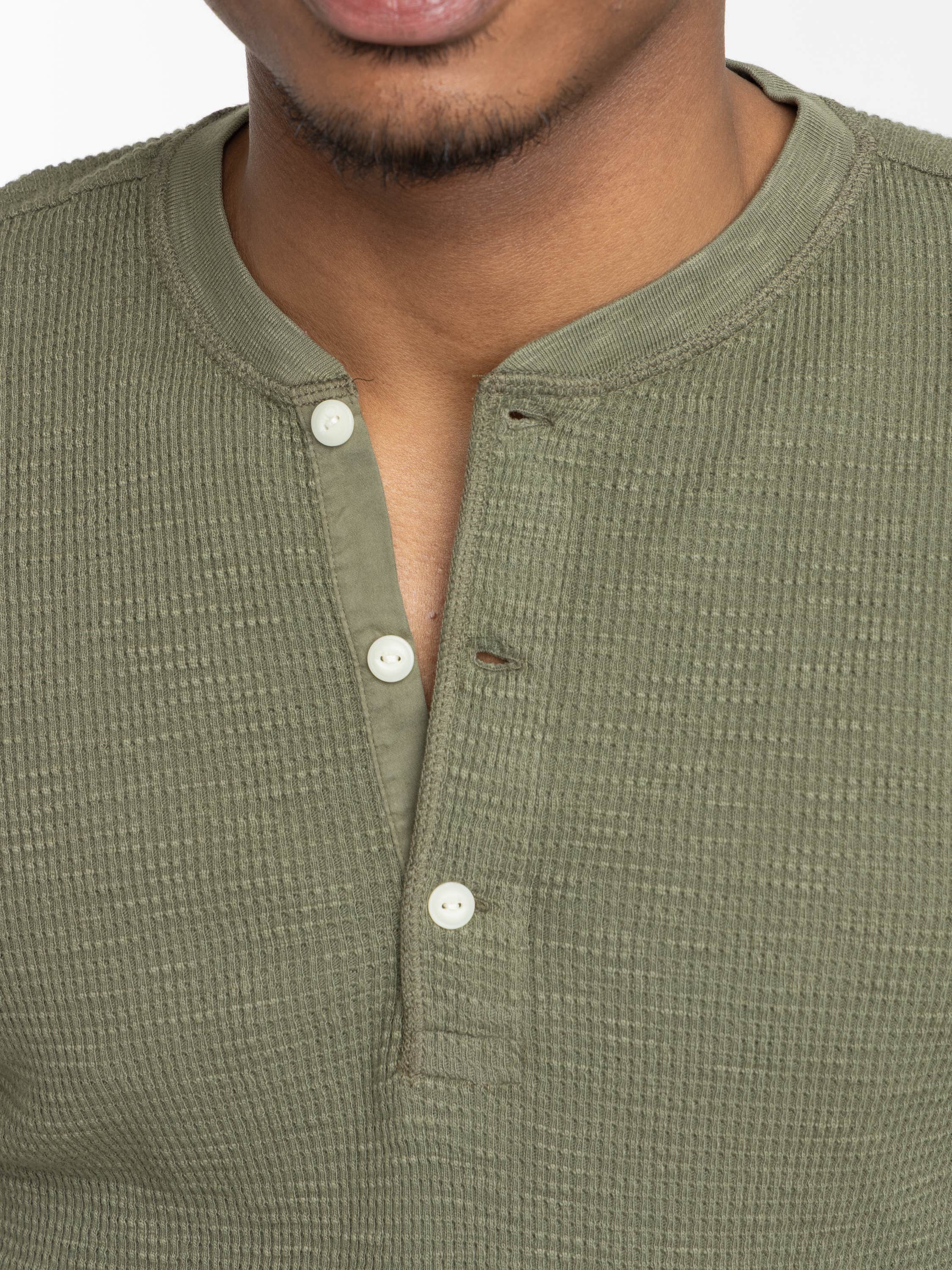 Tree Green Garment-Dyed Waffle-Knit Henley Shirt