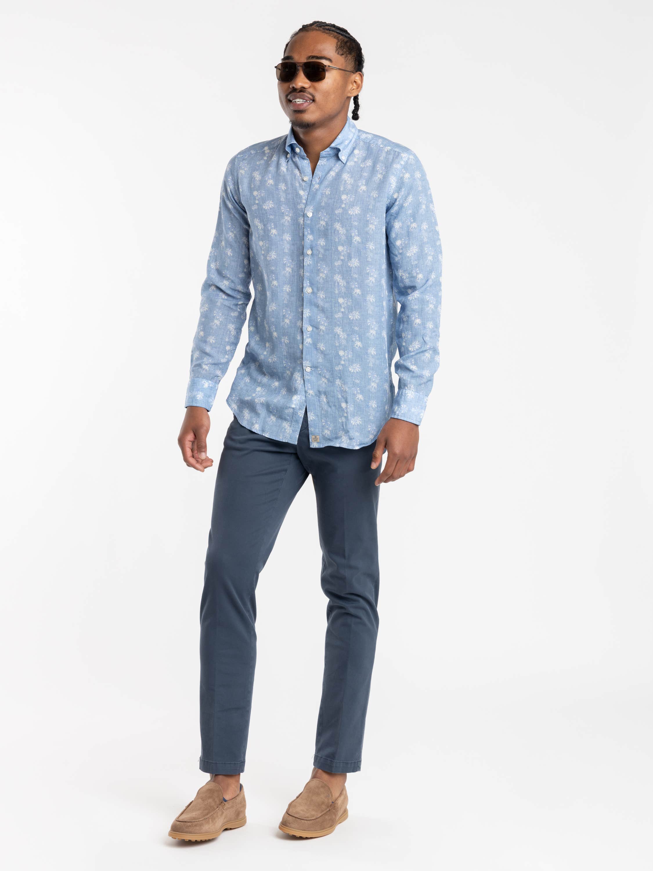 Blue Palm Print Luocell-Linen Shirt